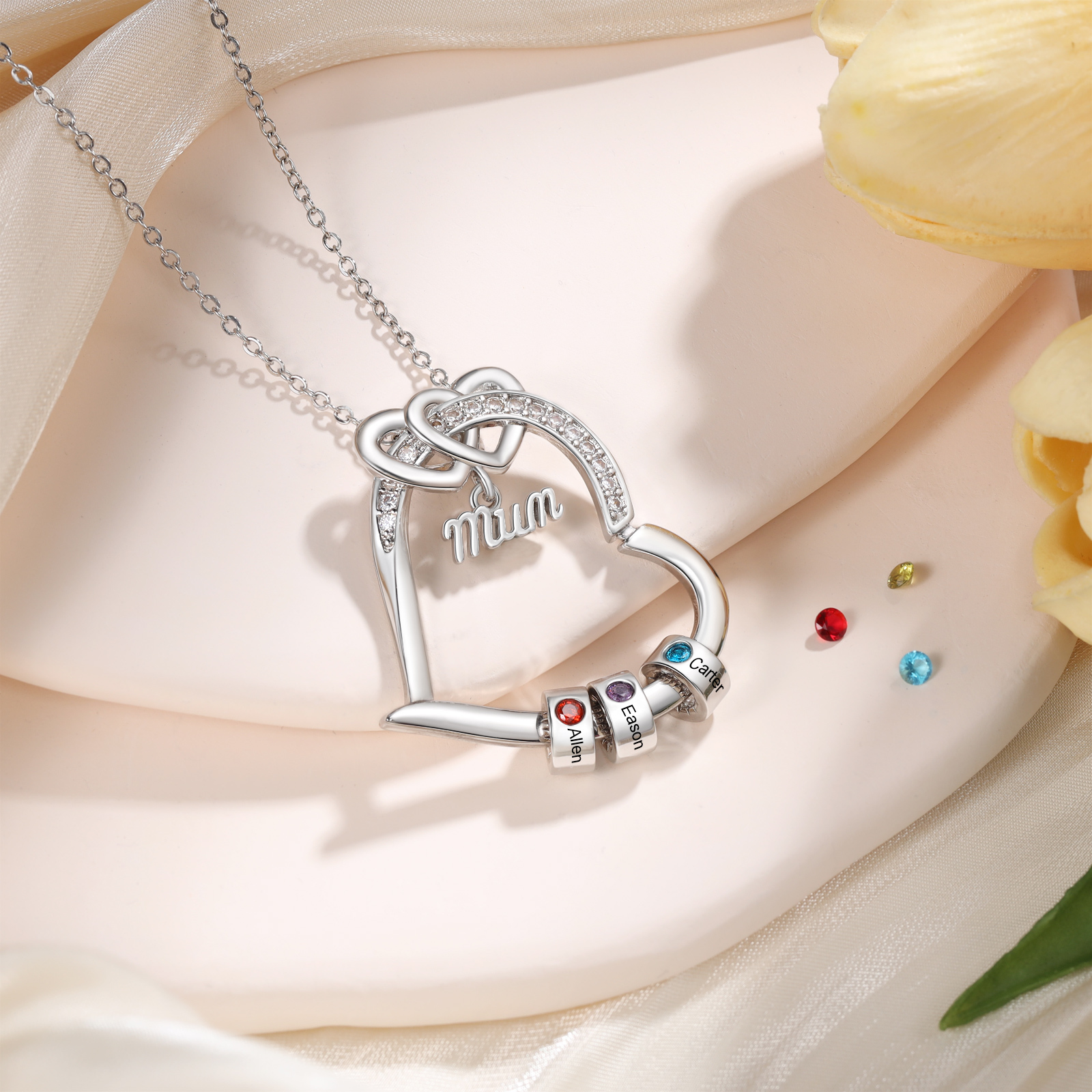 Personalised Mum Heart Necklace with 1-5 Birthstones