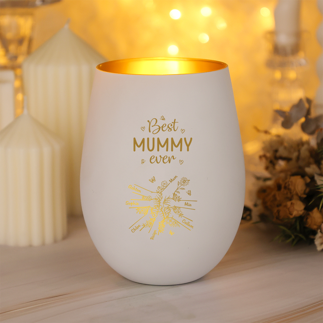 Personalised Glass Candle Holder “Best Mum/Nanny Ever” with 2–7 Children’s Names