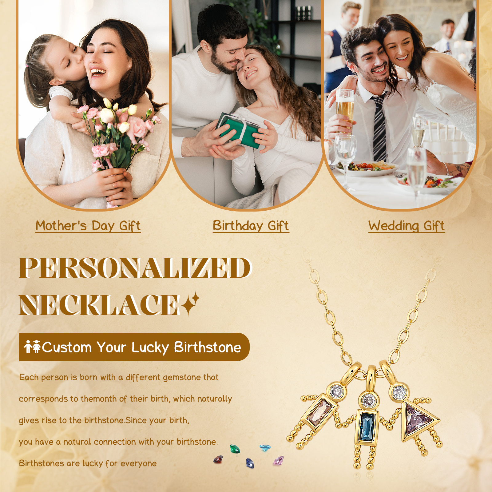 Personalised Birthstone Family Charm Necklace for Women