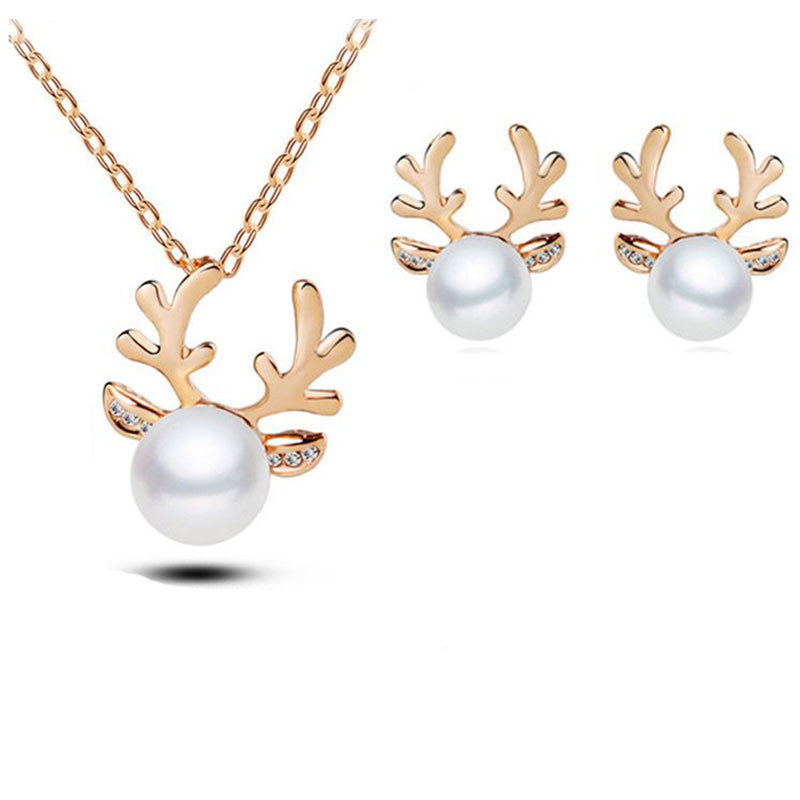 Family Christmas Gift - Reindeer Pearl Necklace & Earring Set