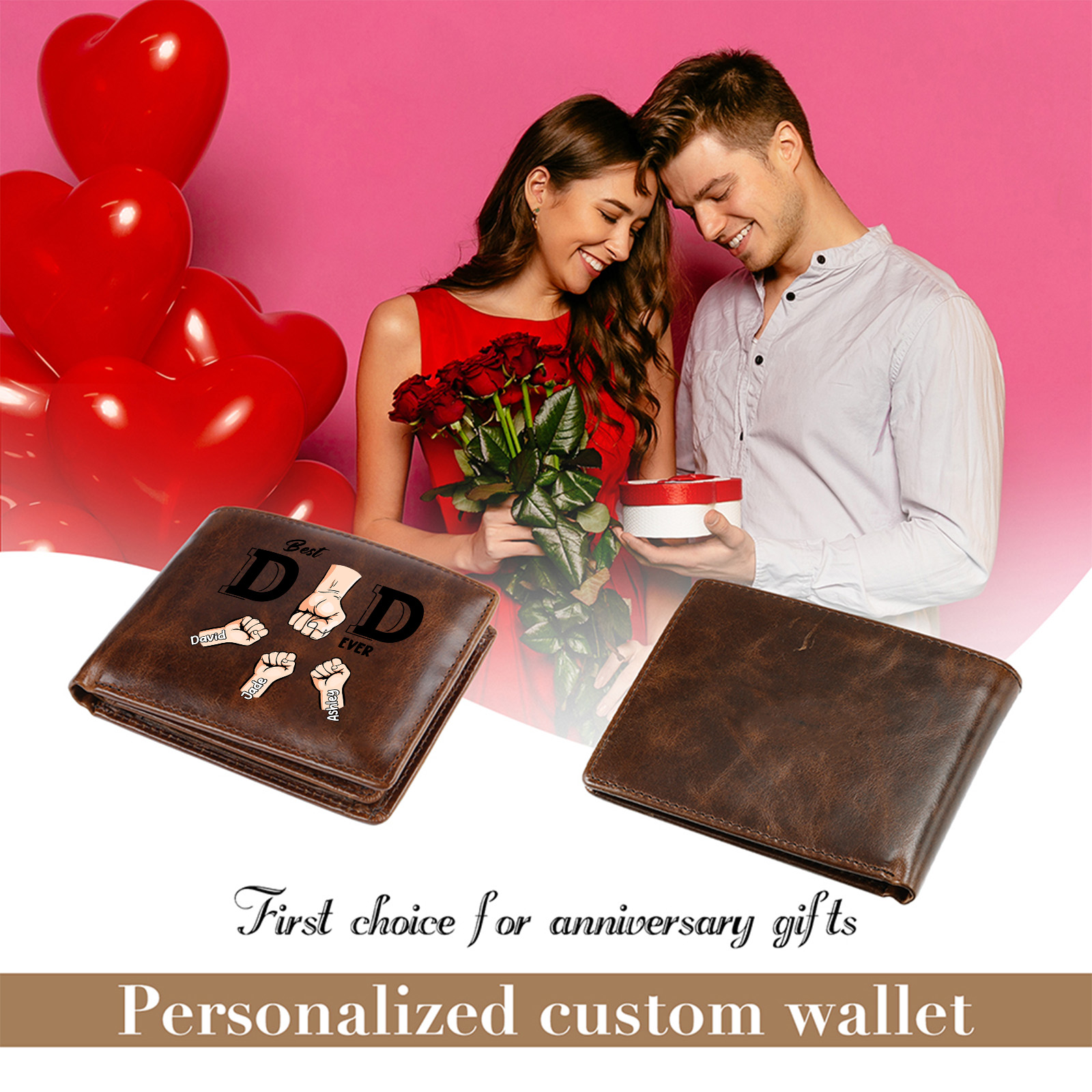 Personalised Genuine Leather Wallet with Names and Fist-bumps – Best Grandad/Dad Ever