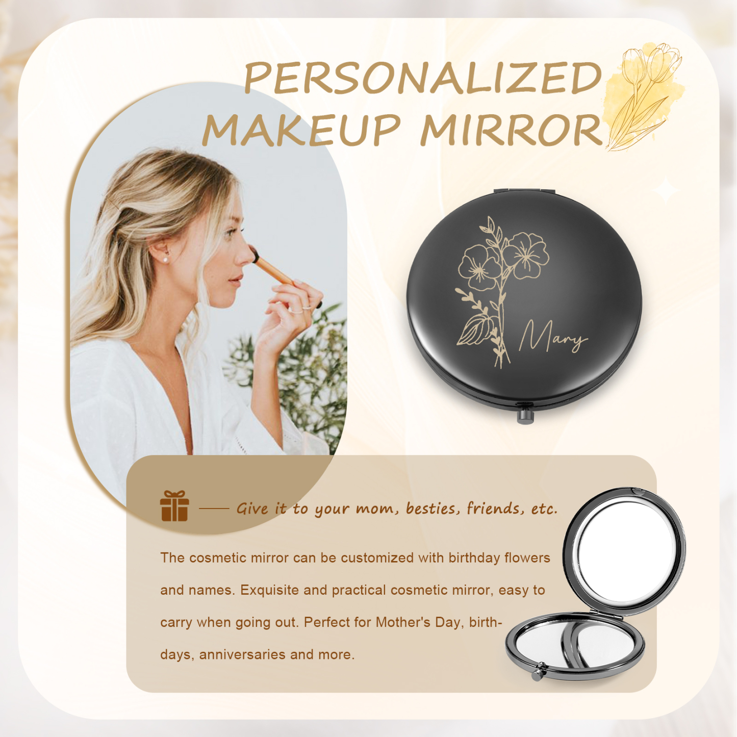 Personalized Name And Birth Flower Makeup Mirror Exquisite Small Gift For Her