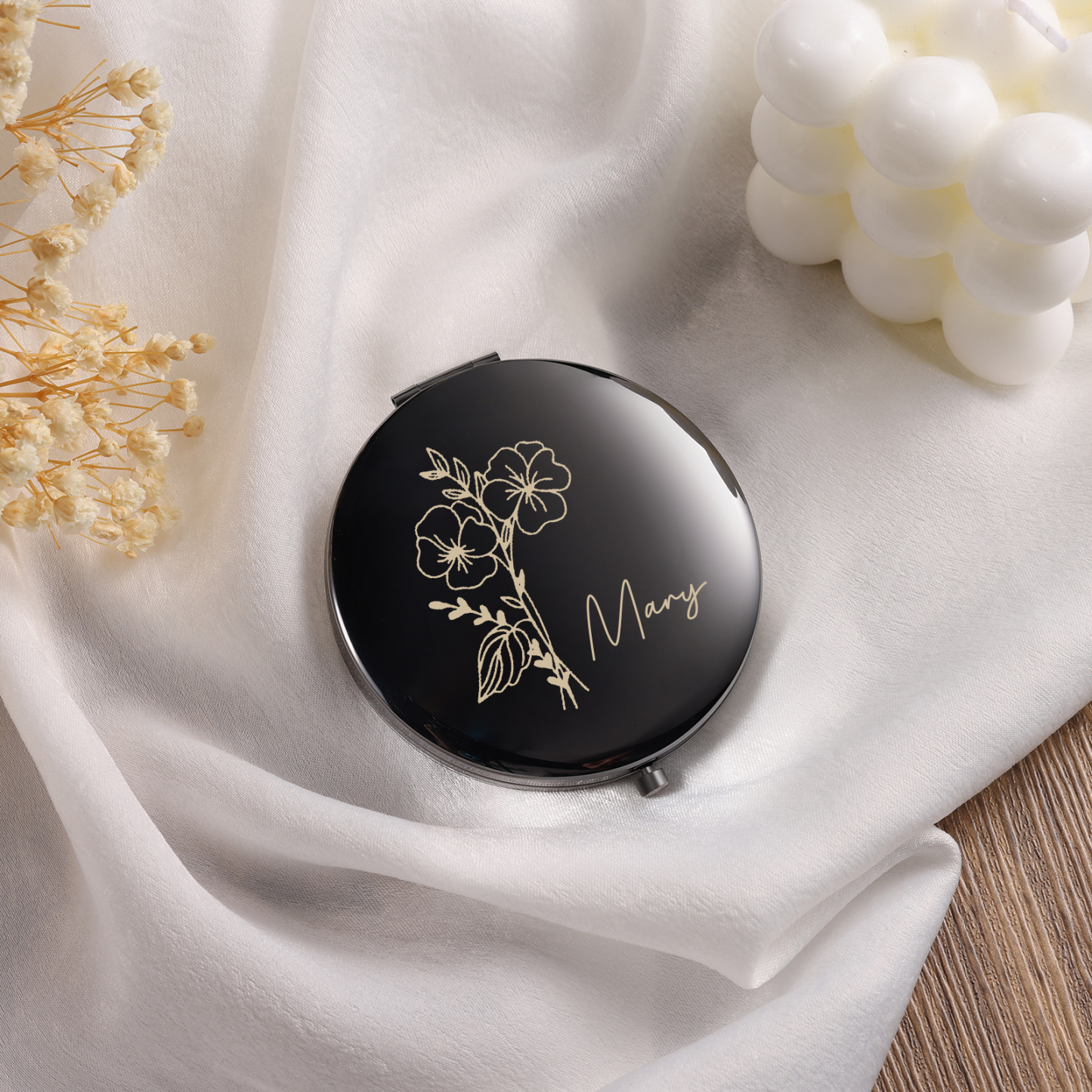 Personalized Name And Birth Flower Makeup Mirror Exquisite Small Gift For Her