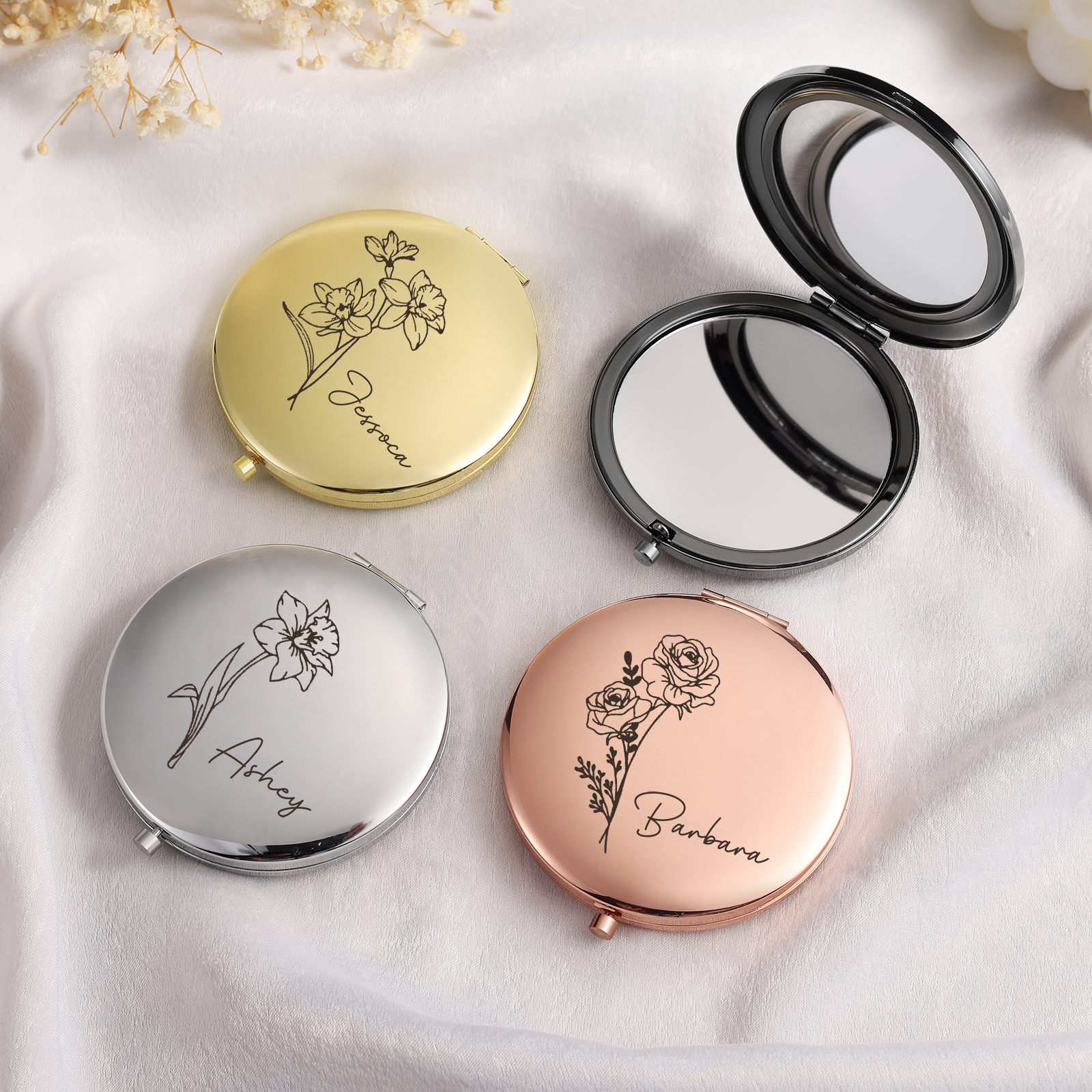 Personalized Name And Birth Flower Makeup Mirror Exquisite Small Gift For Her