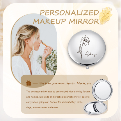 Personalized Name And Birth Flower Makeup Mirror Exquisite Small Gift For Her