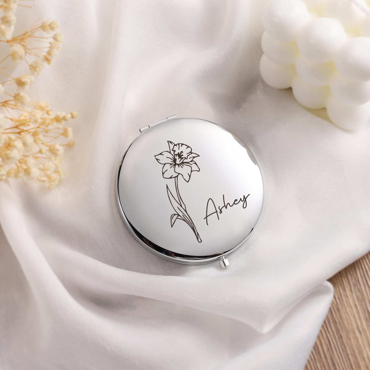 Personalized Name And Birth Flower Makeup Mirror Exquisite Small Gift For Her