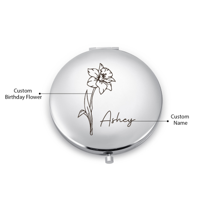 Personalized Name And Birth Flower Makeup Mirror Exquisite Small Gift For Her