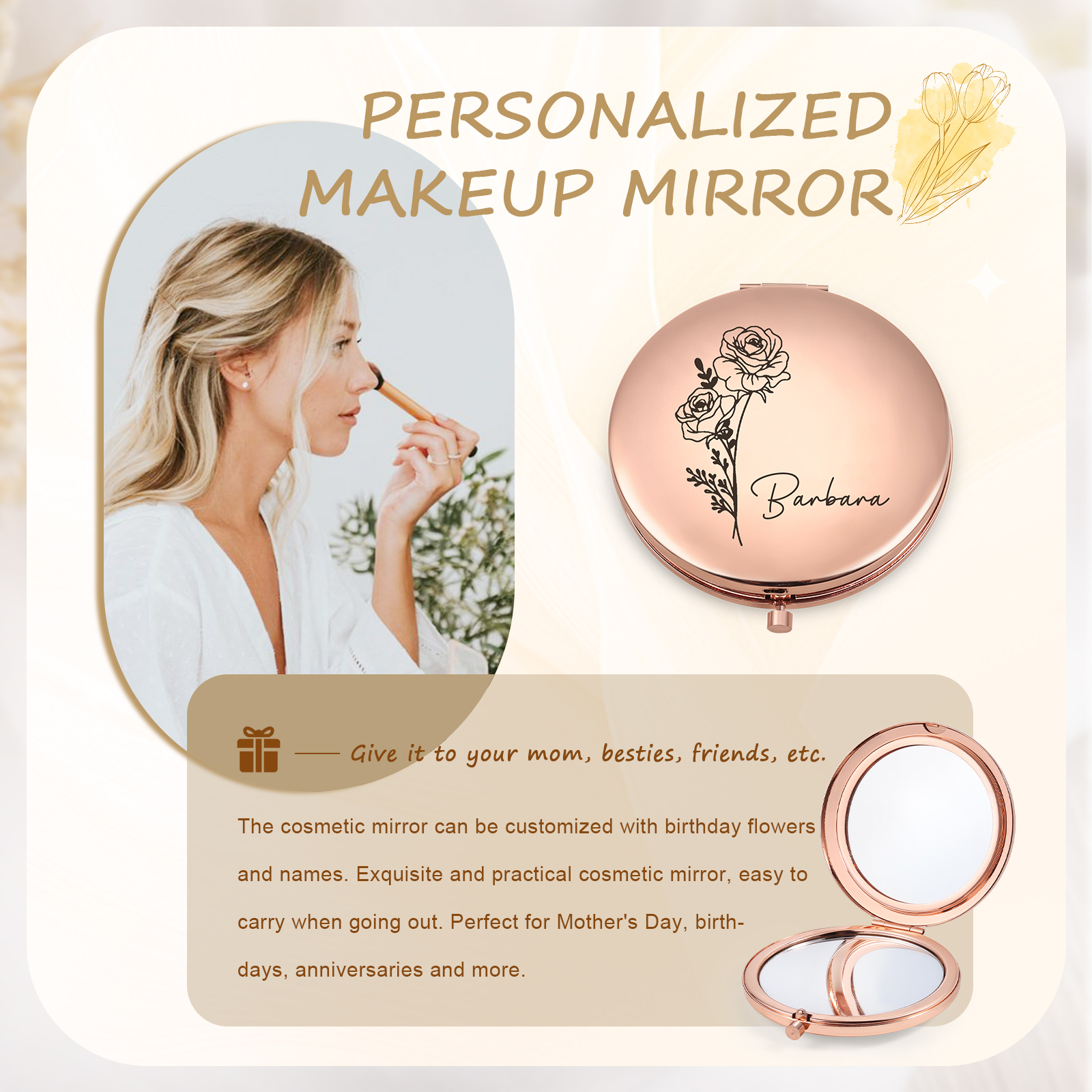 Personalized Name And Birth Flower Makeup Mirror Exquisite Small Gift For Her