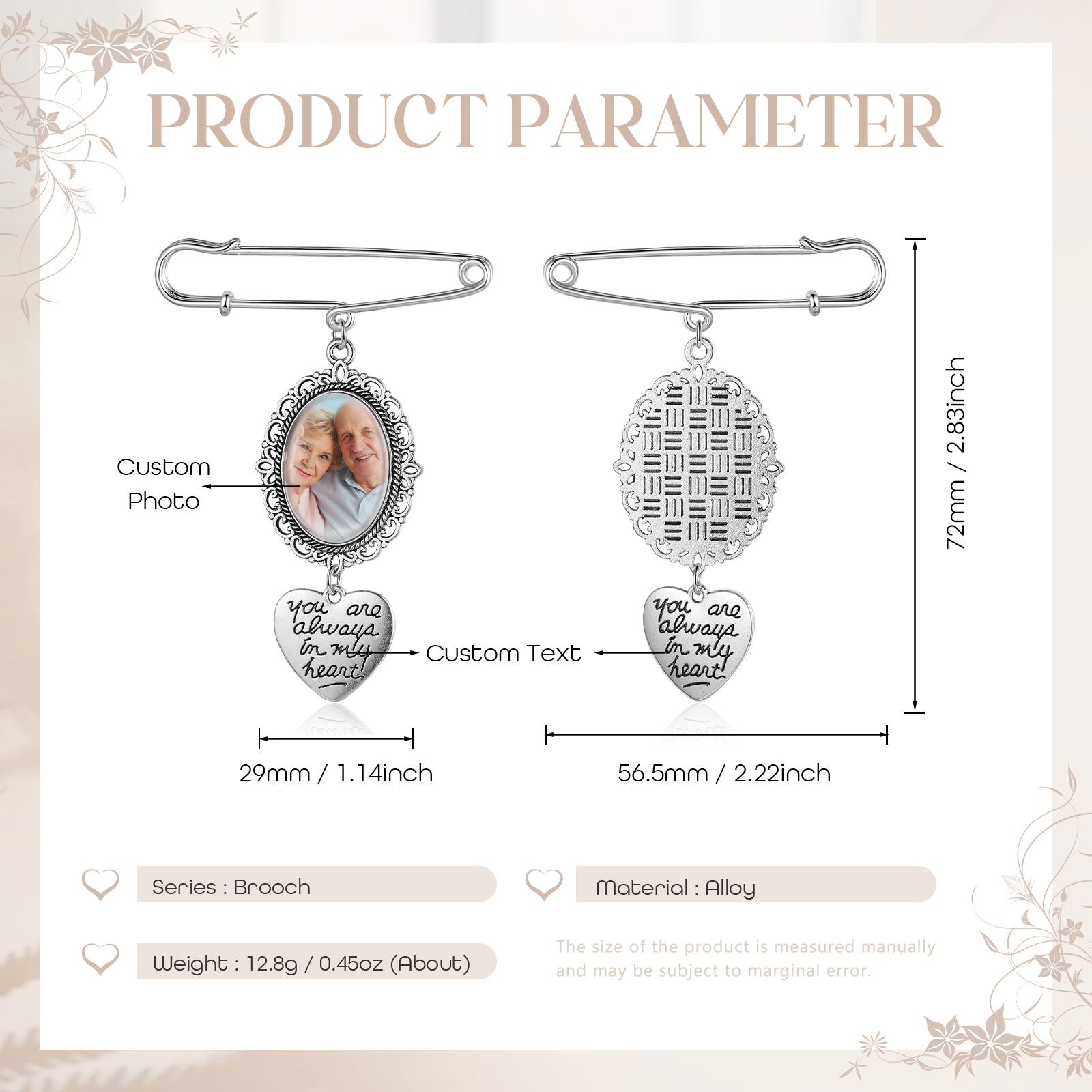 Personalised Photo Brooch with Heart Shape Charm – Perfect Custom Gift for Loved Ones | Jessemade