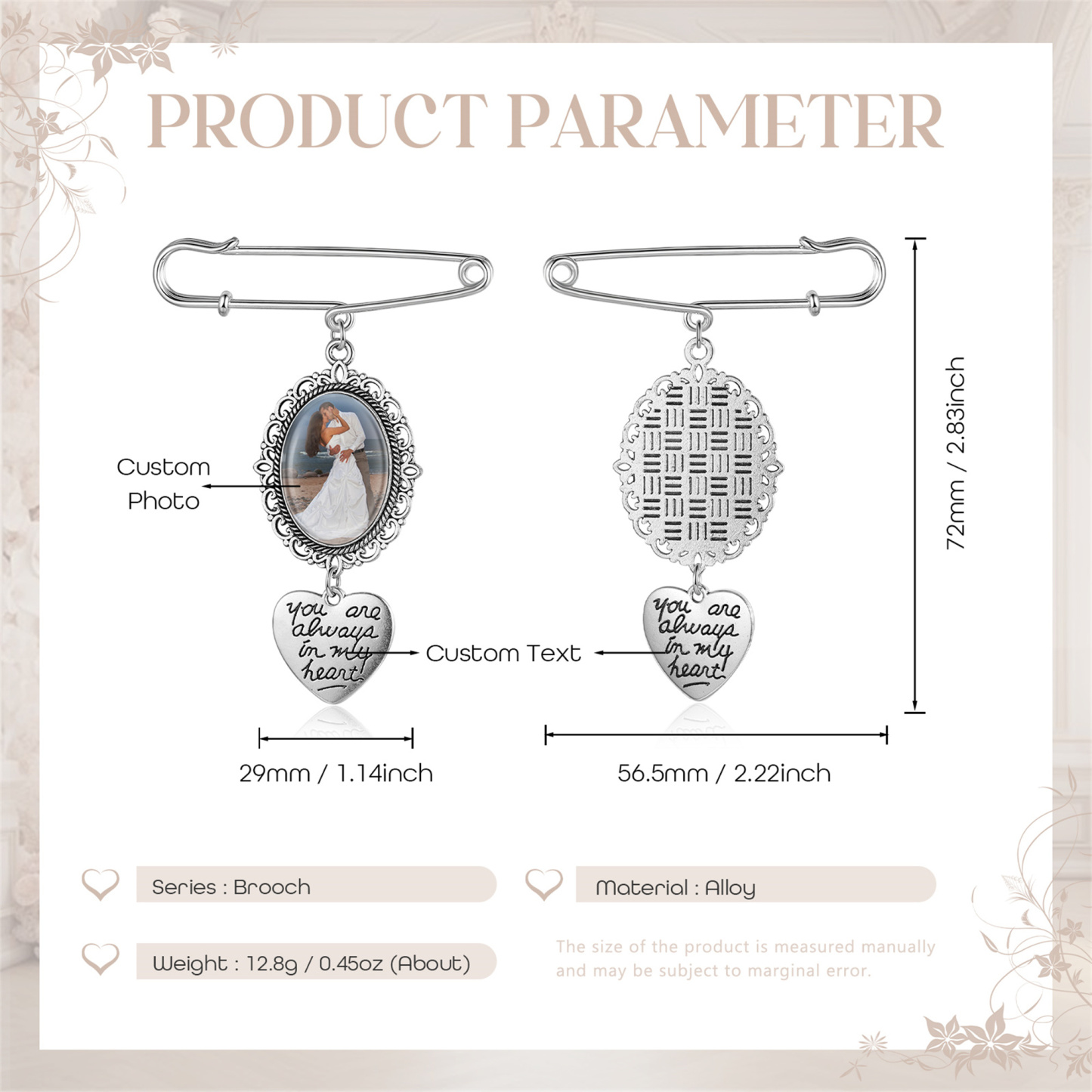 Personalised Photo Brooch with Heart Shape Charm – Perfect Custom Gift for Loved Ones | Jessemade