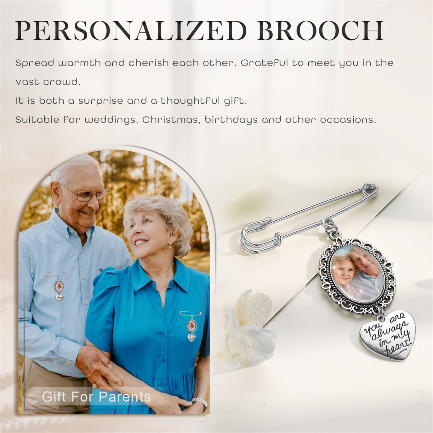 Personalised Photo Brooch with Heart Shape Charm – Perfect Custom Gift for Loved Ones | Jessemade