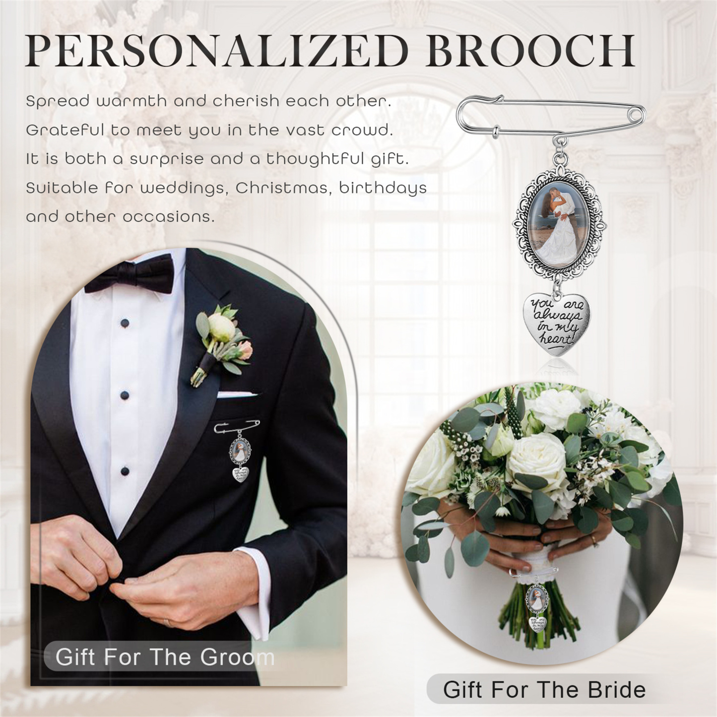 Personalised Photo Brooch with Heart Shape Charm – Perfect Custom Gift for Loved Ones | Jessemade