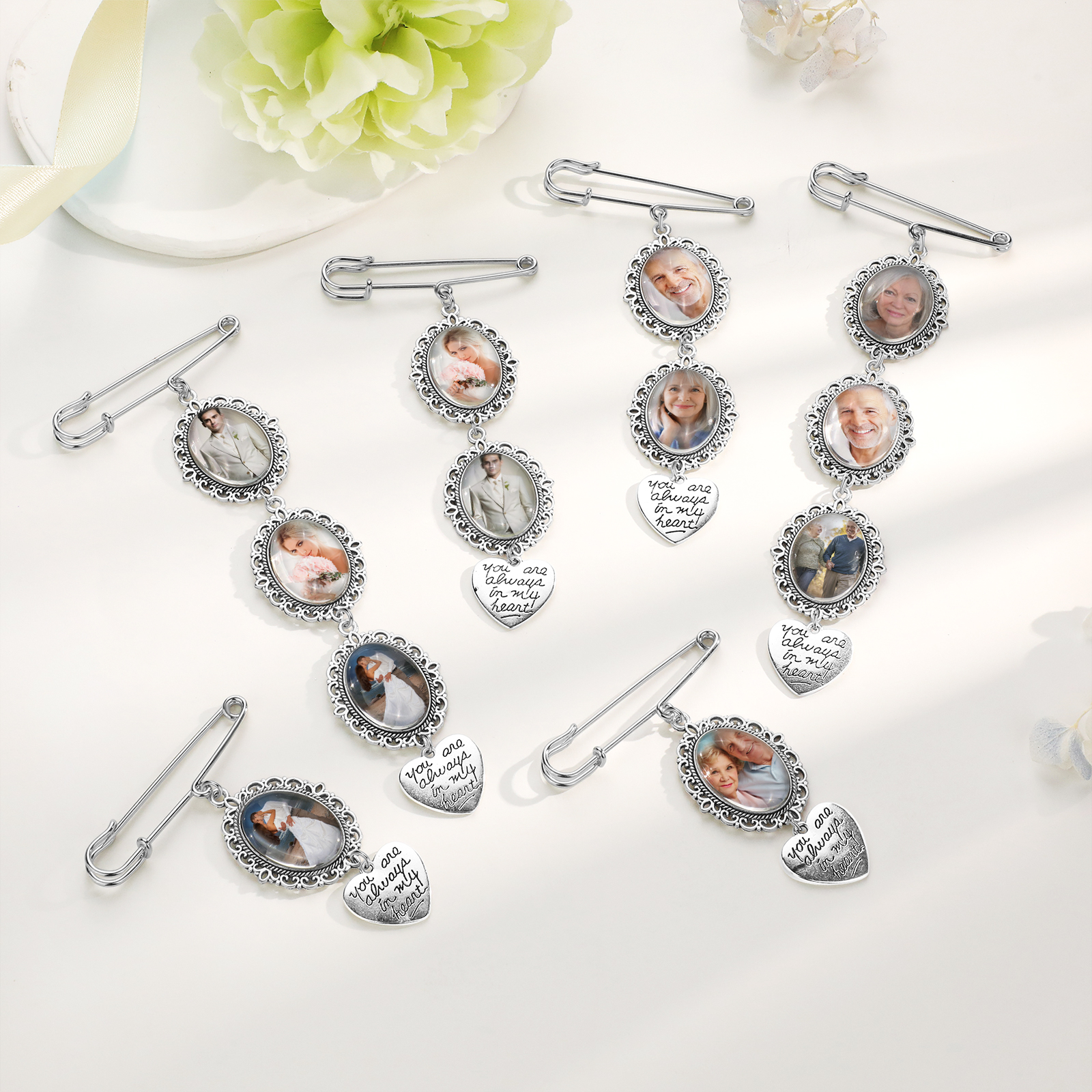 3 Photos & 1 Text Personalised Photo Brooch with Heart Shape Charm – Perfect Custom Gift for Loved Ones | Jessemade