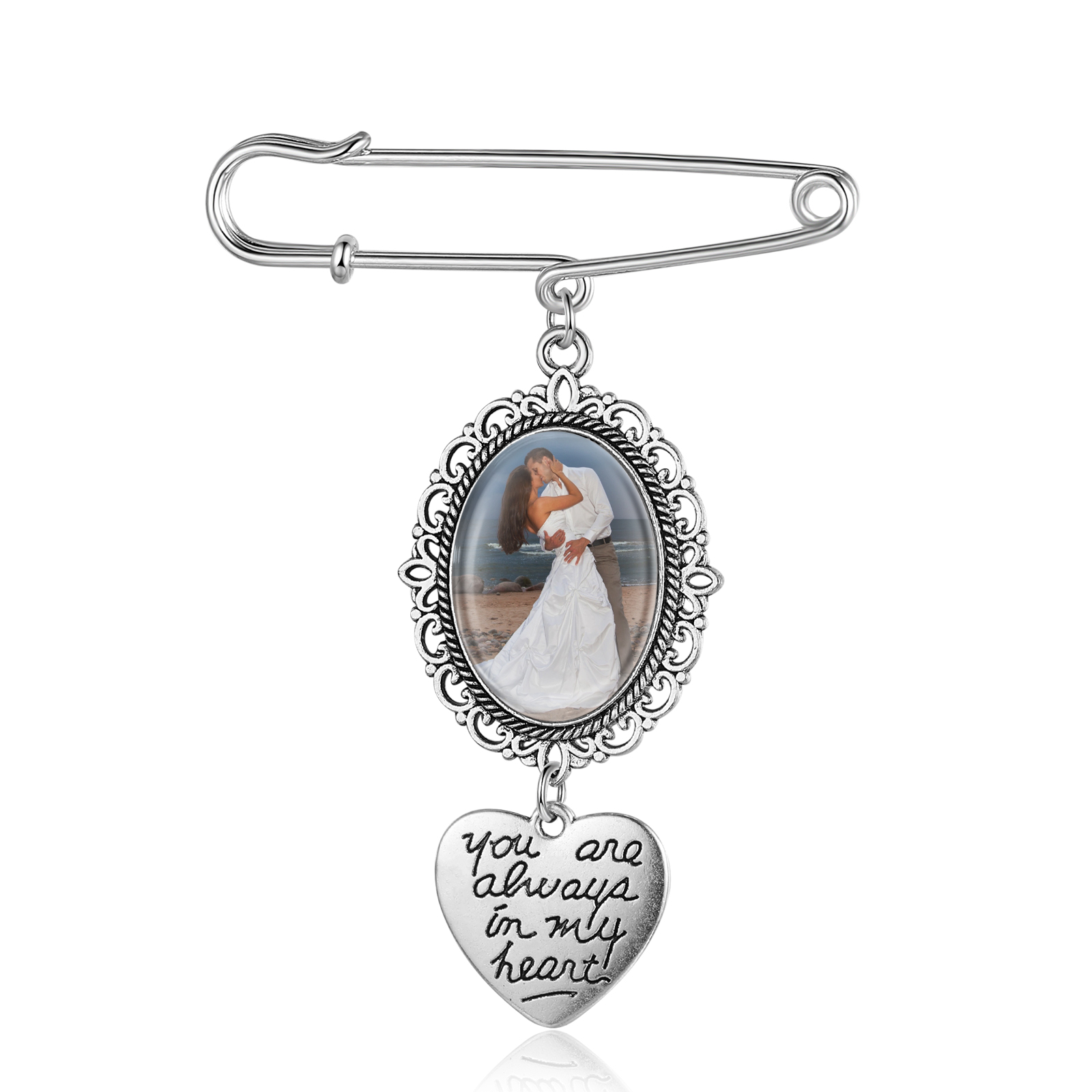Personalised Photo Brooch with Heart Shape Charm – Perfect Custom Gift