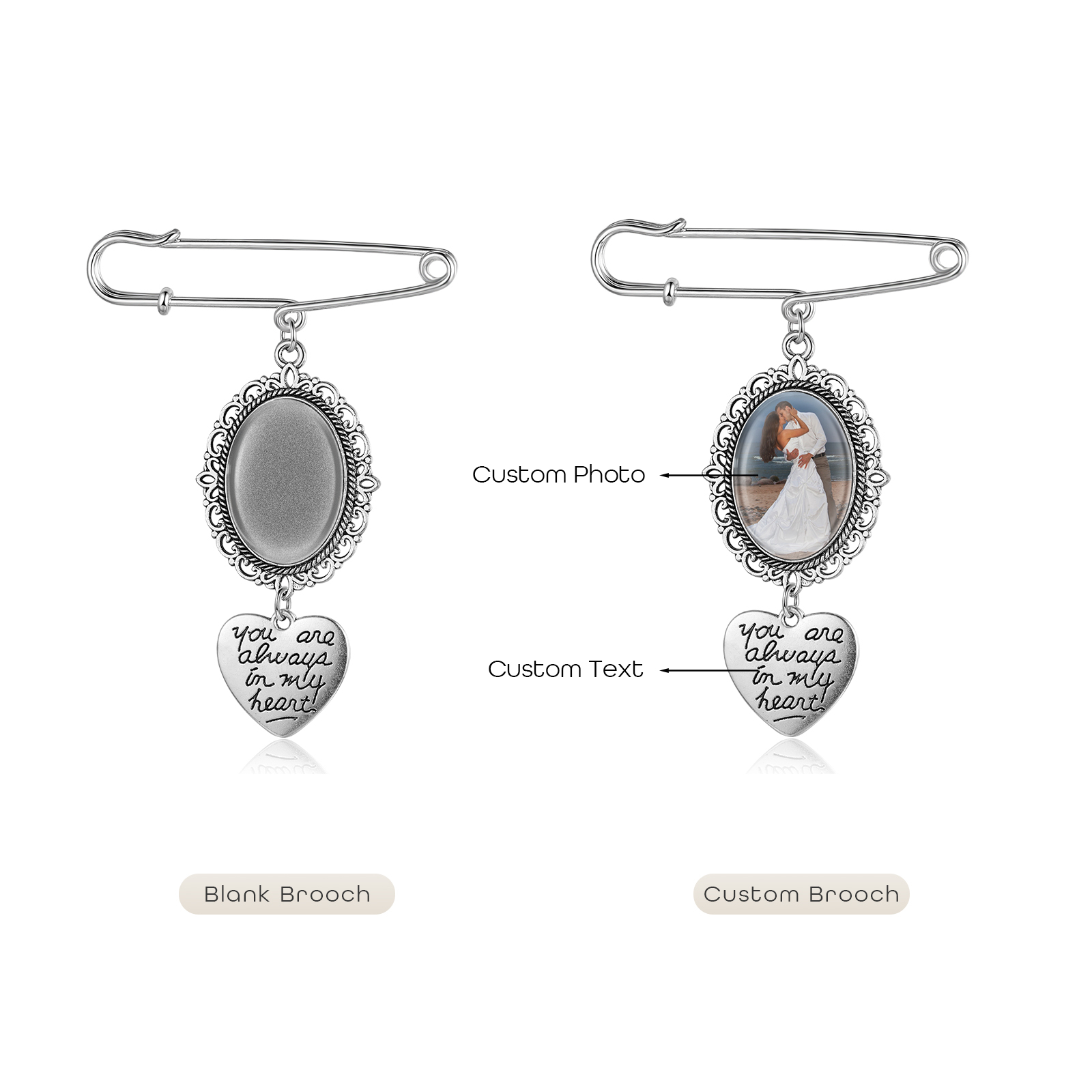 Personalised Photo Brooch with Heart Shape Charm – Perfect Custom Gift for Loved Ones | Jessemade