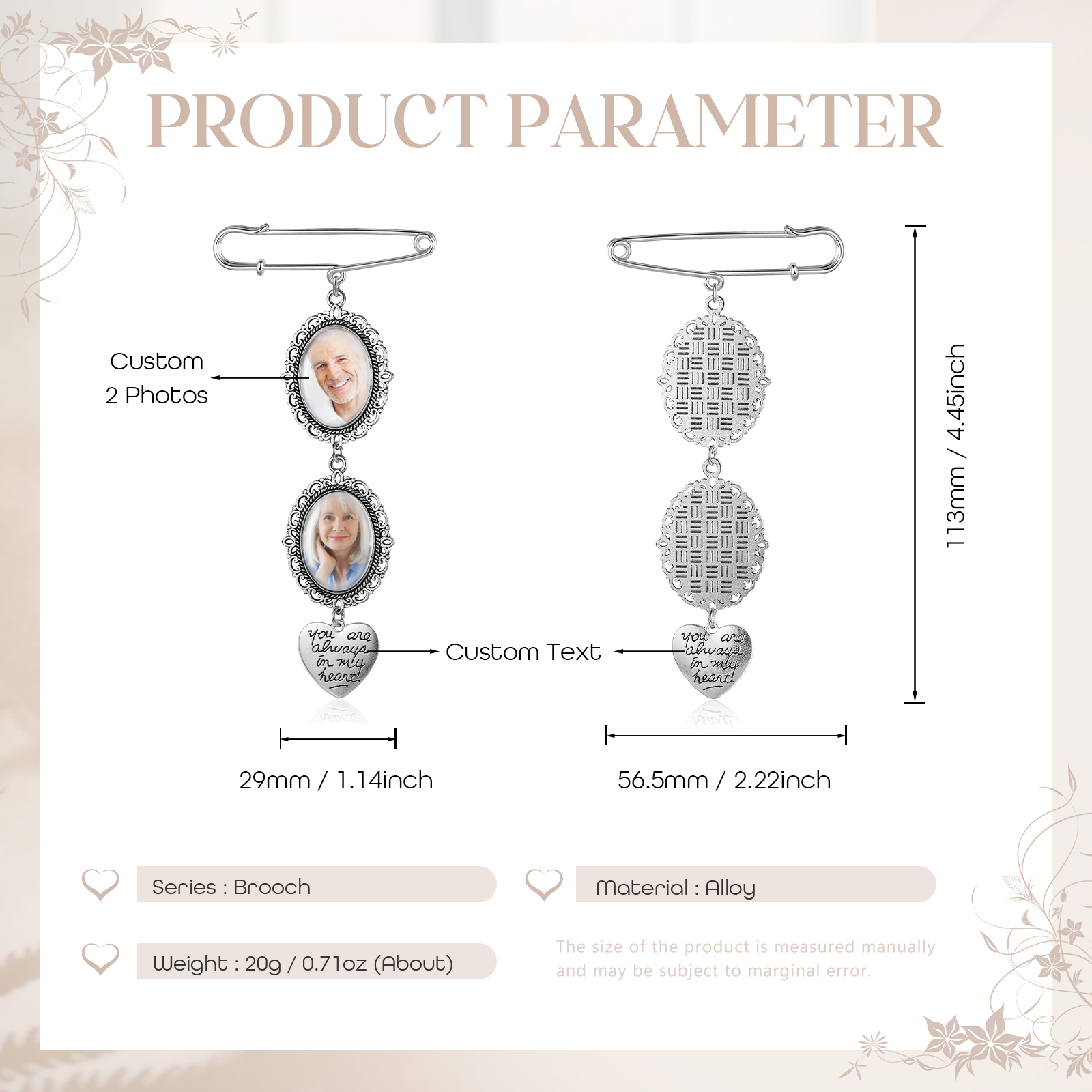 2 Photos & 1 Text Personalised Photo Brooch with Heart Shape Charm – Perfect Custom Gift for Loved Ones | Jessemade