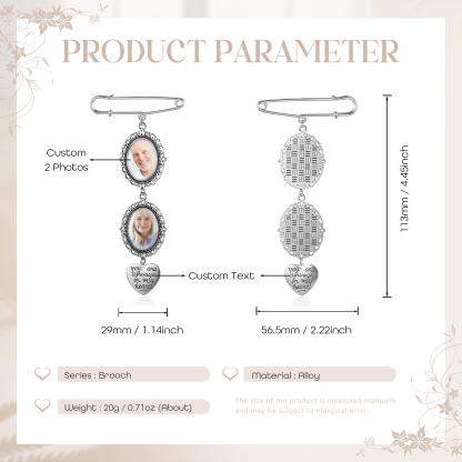 2 Photos & 1 Text Personalised Photo Brooch with Heart Shape Charm – Perfect Custom Gift for Loved Ones | Jessemade