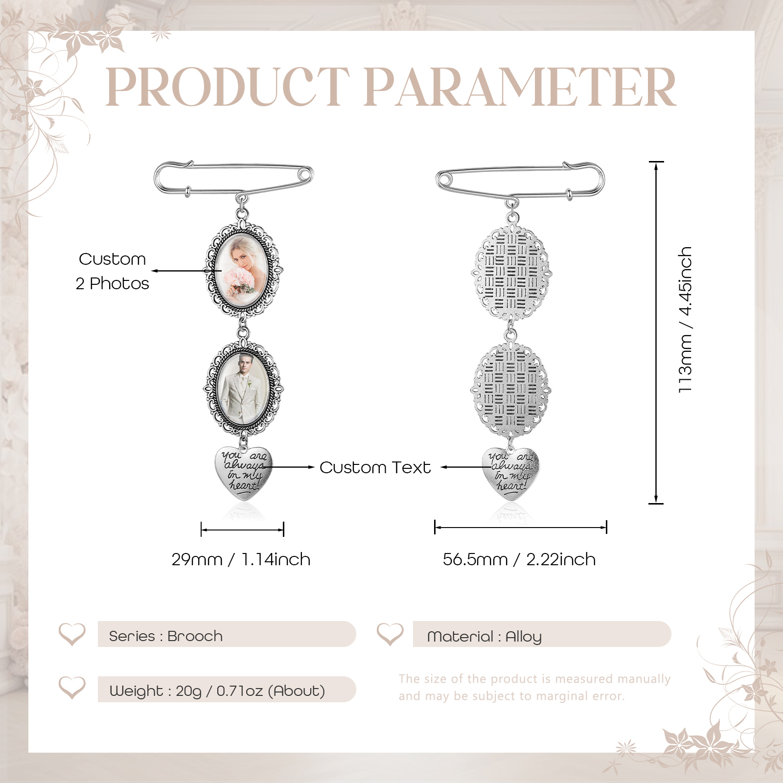 2 Photos & 1 Text Personalised Photo Brooch with Heart Shape Charm – Perfect Custom Gift for Loved Ones | Jessemade