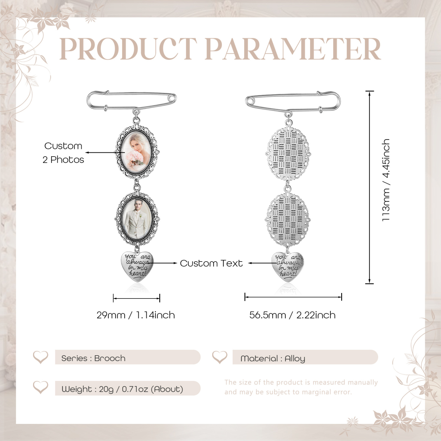 2 Photos & 1 Text Personalised Photo Brooch with Heart Shape Charm – Perfect Custom Gift for Loved Ones | Jessemade