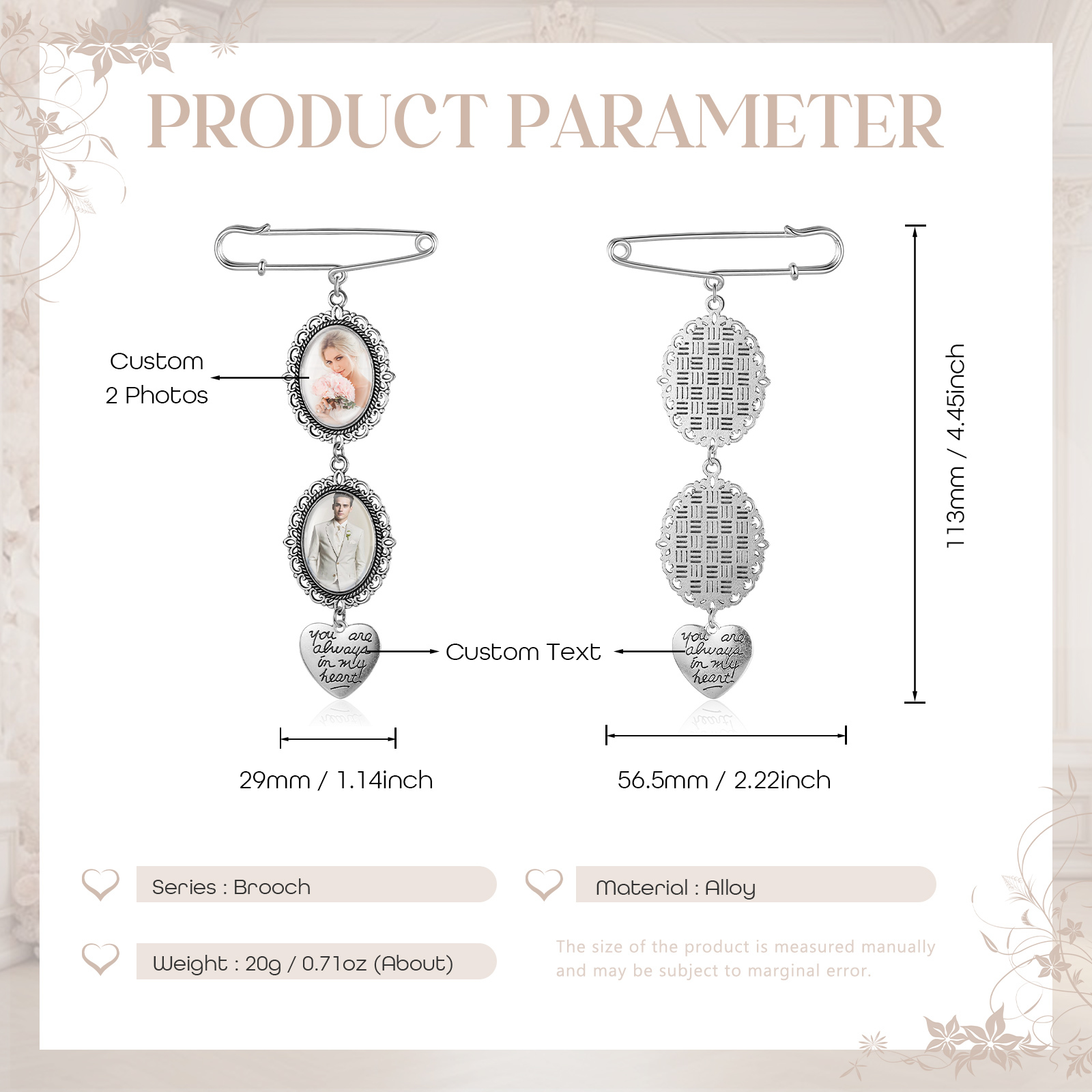 2 Photos & 1 Text Personalised Photo Brooch with Heart Shape Charm – Perfect Custom Gift for Loved Ones | Jessemade