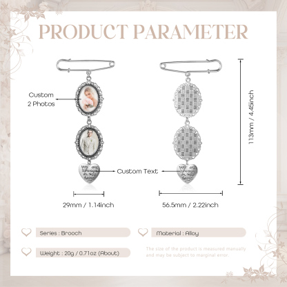 2 Photos & 1 Text Personalised Photo Brooch with Heart Shape Charm – Perfect Custom Gift for Loved Ones | Jessemade