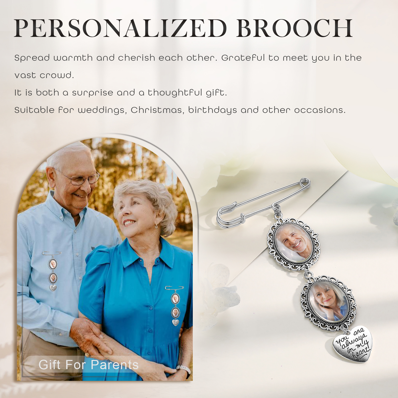 2 Photos & 1 Text Personalised Photo Brooch with Heart Shape Charm – Perfect Custom Gift for Loved Ones | Jessemade