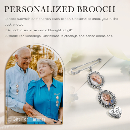 2 Photos & 1 Text Personalised Photo Brooch with Heart Shape Charm – Perfect Custom Gift for Loved Ones | Jessemade
