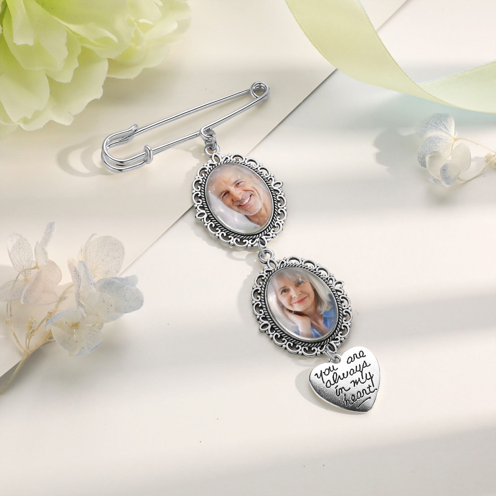 2 Photos & 1 Text Personalised Photo Brooch with Heart Shape Charm – Perfect Custom Gift for Loved Ones | Jessemade
