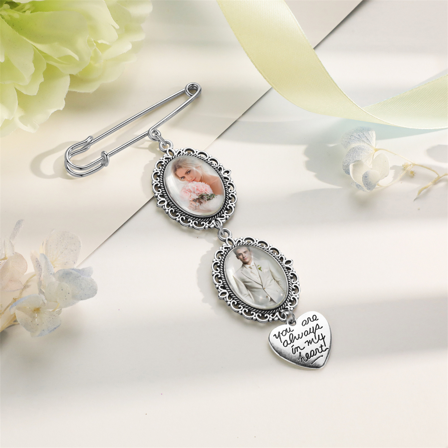 2 Photos & 1 Text Personalised Photo Brooch with Heart Shape Charm – Perfect Custom Gift for Loved Ones | Jessemade