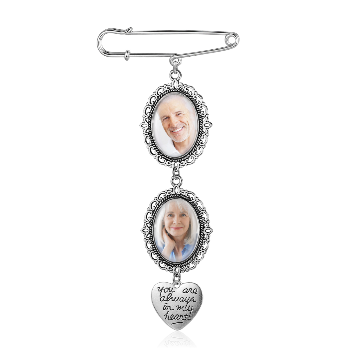 2 Photos & 1 Text Personalised Photo Brooch with Heart Shape Charm – Perfect Custom Gift for Loved Ones | Jessemade