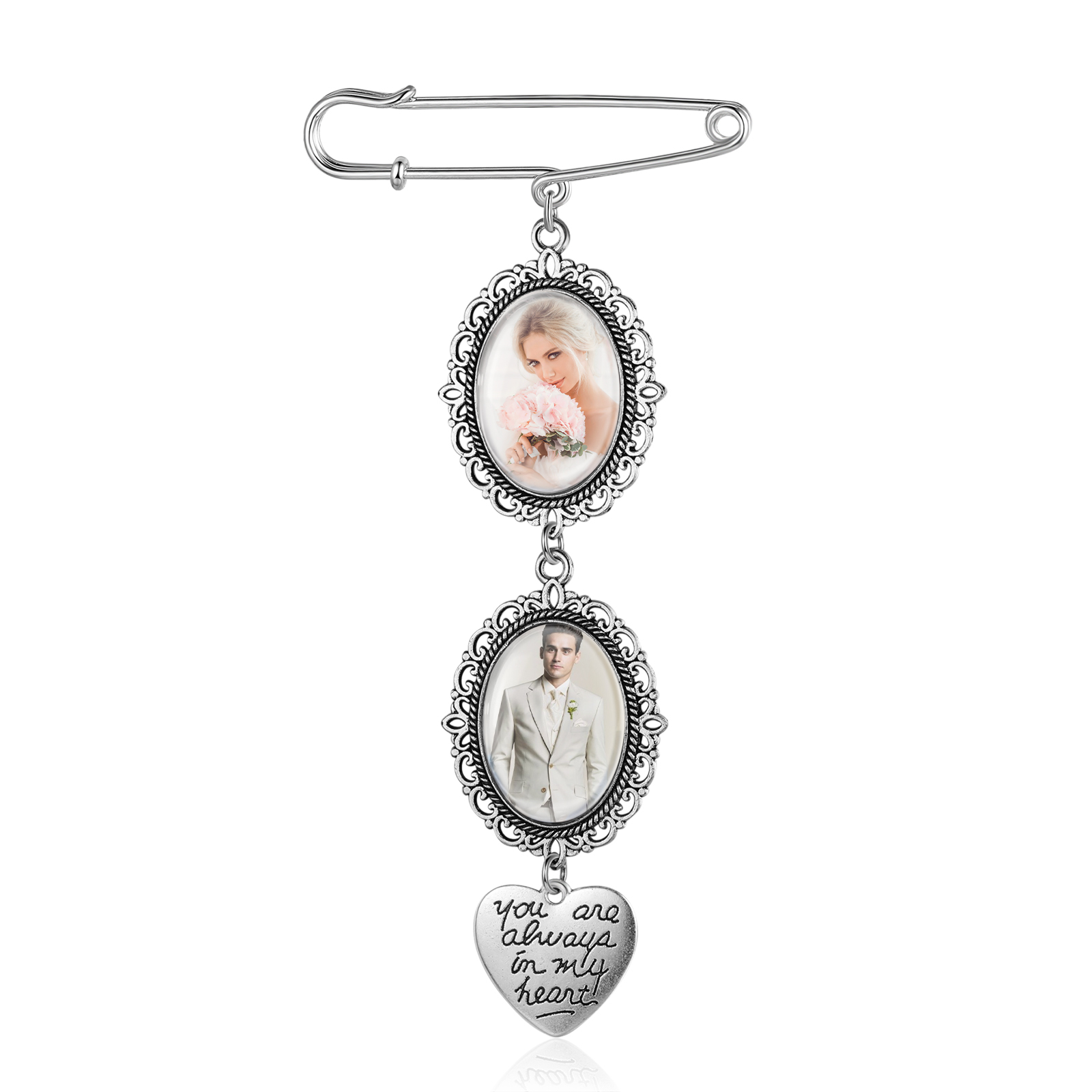 2 Photos & 1 Text Personalised Photo Brooch with Heart Shape Charm – P