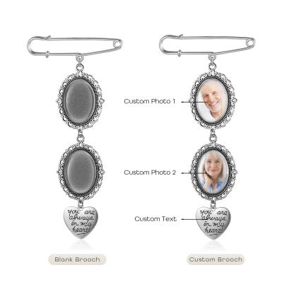 2 Photos & 1 Text Personalised Photo Brooch with Heart Shape Charm – Perfect Custom Gift for Loved Ones | Jessemade