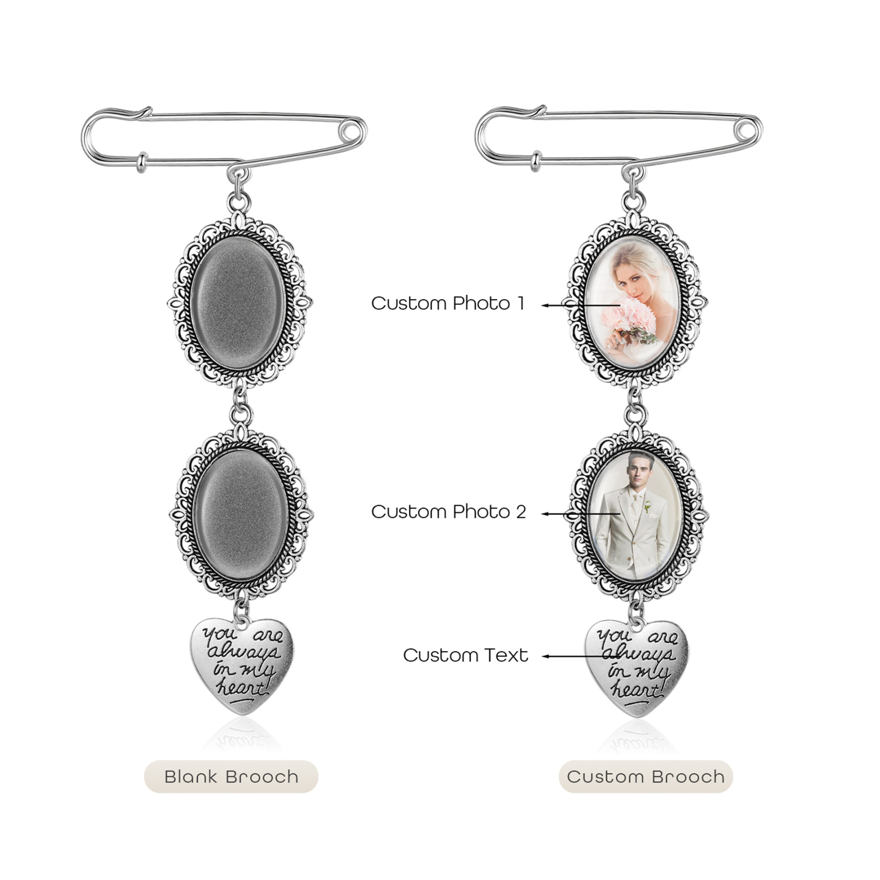 2 Photos & 1 Text Personalised Photo Brooch with Heart Shape Charm – Perfect Custom Gift for Loved Ones | Jessemade