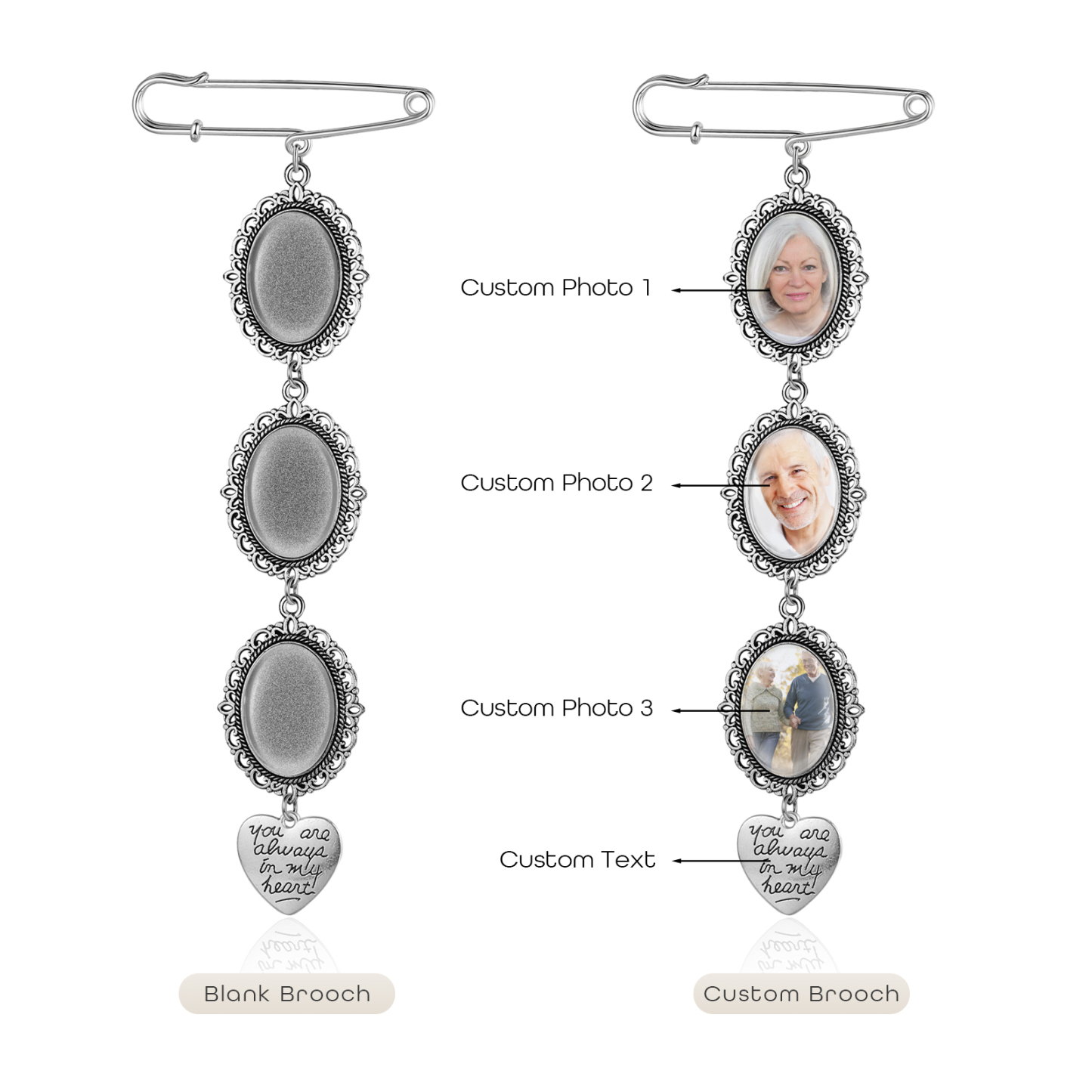 3 Photos & 1 Text Personalised Photo Brooch with Heart Shape Charm – Perfect Custom Gift for Loved Ones | Jessemade