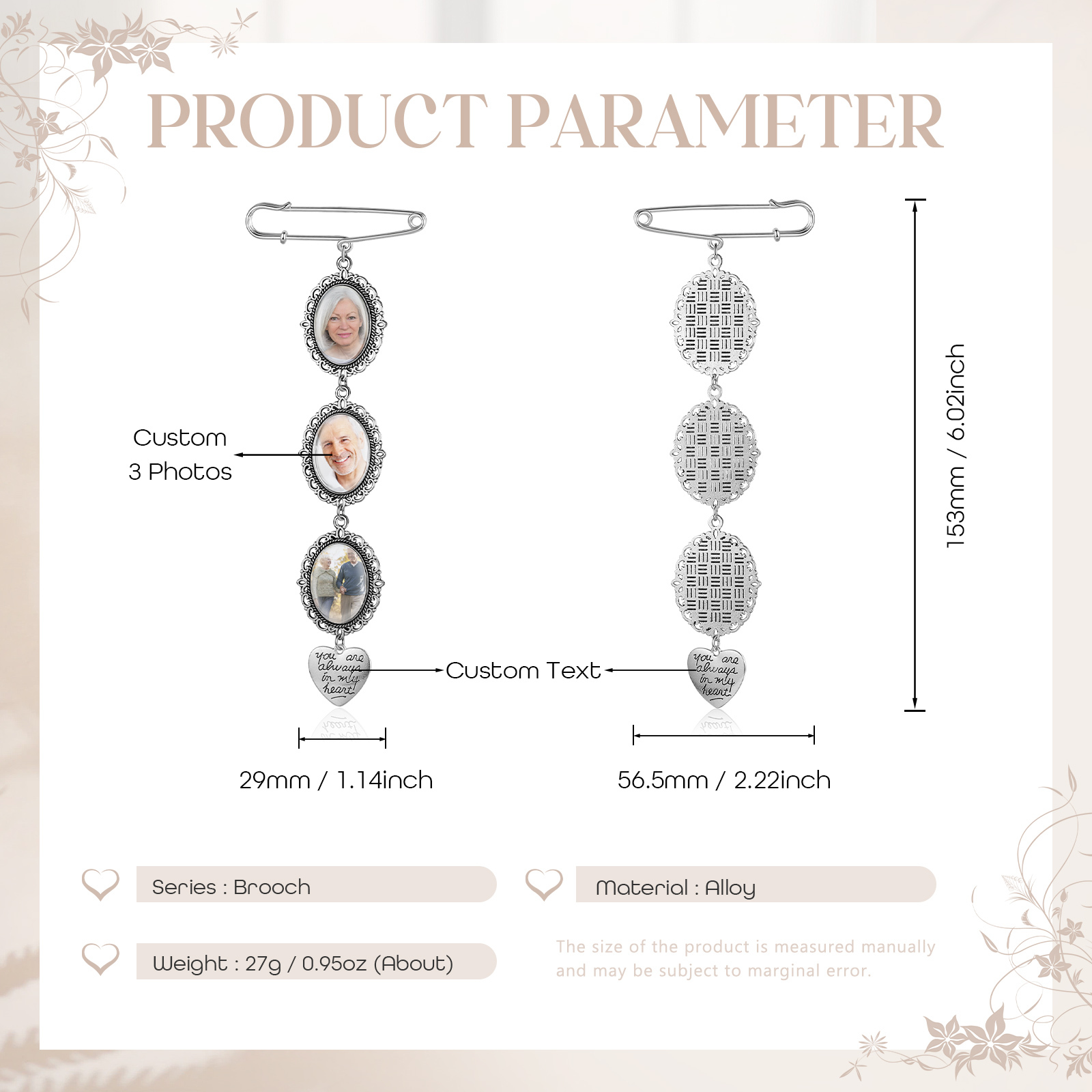 3 Photos & 1 Text Personalised Photo Brooch with Heart Shape Charm – Perfect Custom Gift for Loved Ones | Jessemade