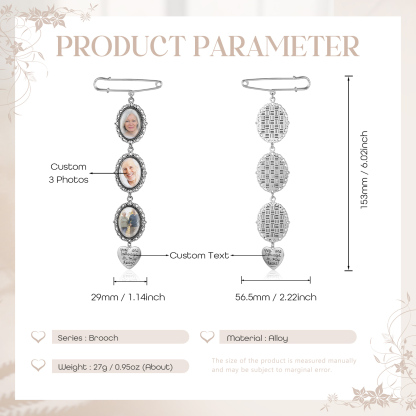 3 Photos & 1 Text Personalised Photo Brooch with Heart Shape Charm – Perfect Custom Gift for Loved Ones | Jessemade