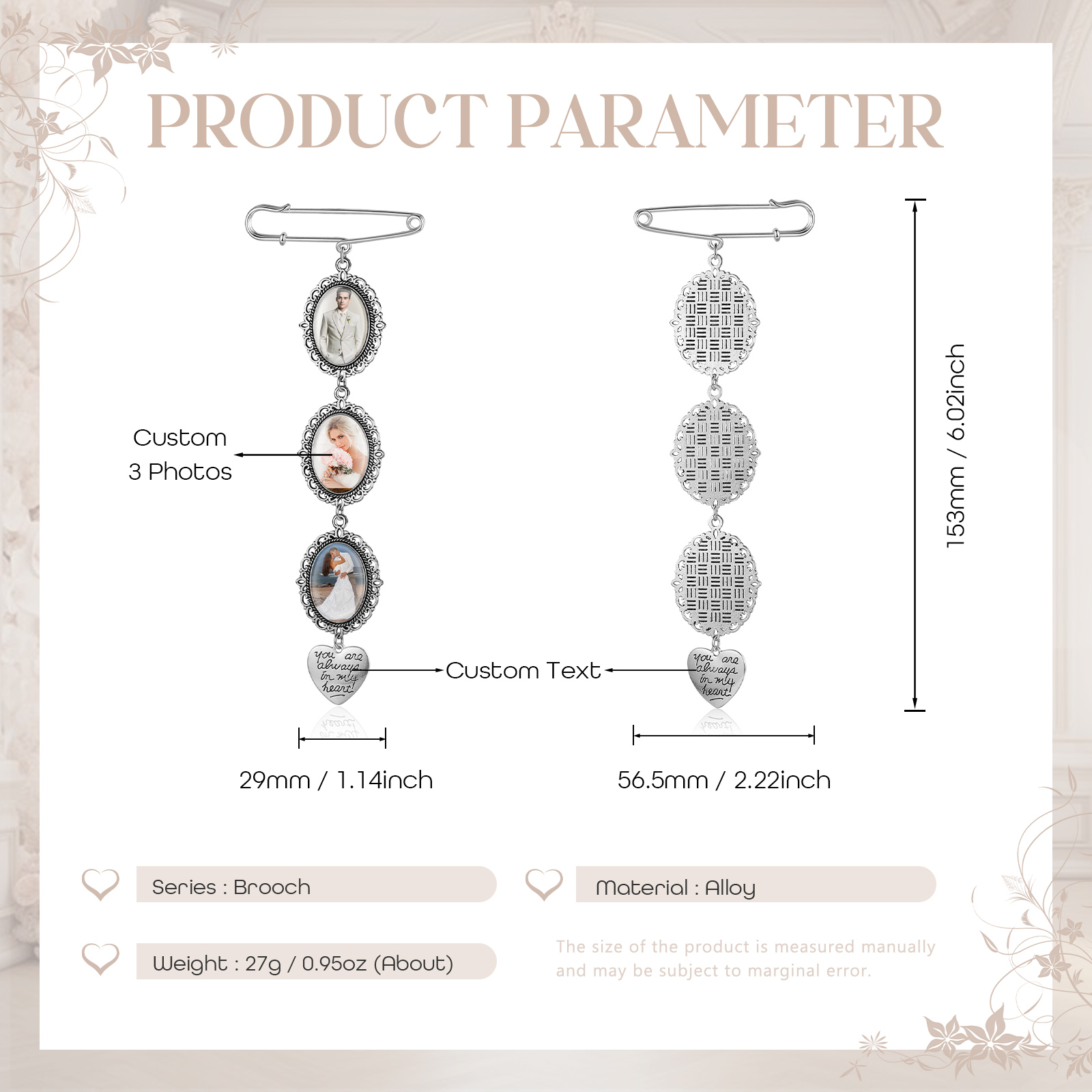 3 Photos & 1 Text Personalised Photo Brooch with Heart Shape Charm – Perfect Custom Gift for Loved Ones | Jessemade