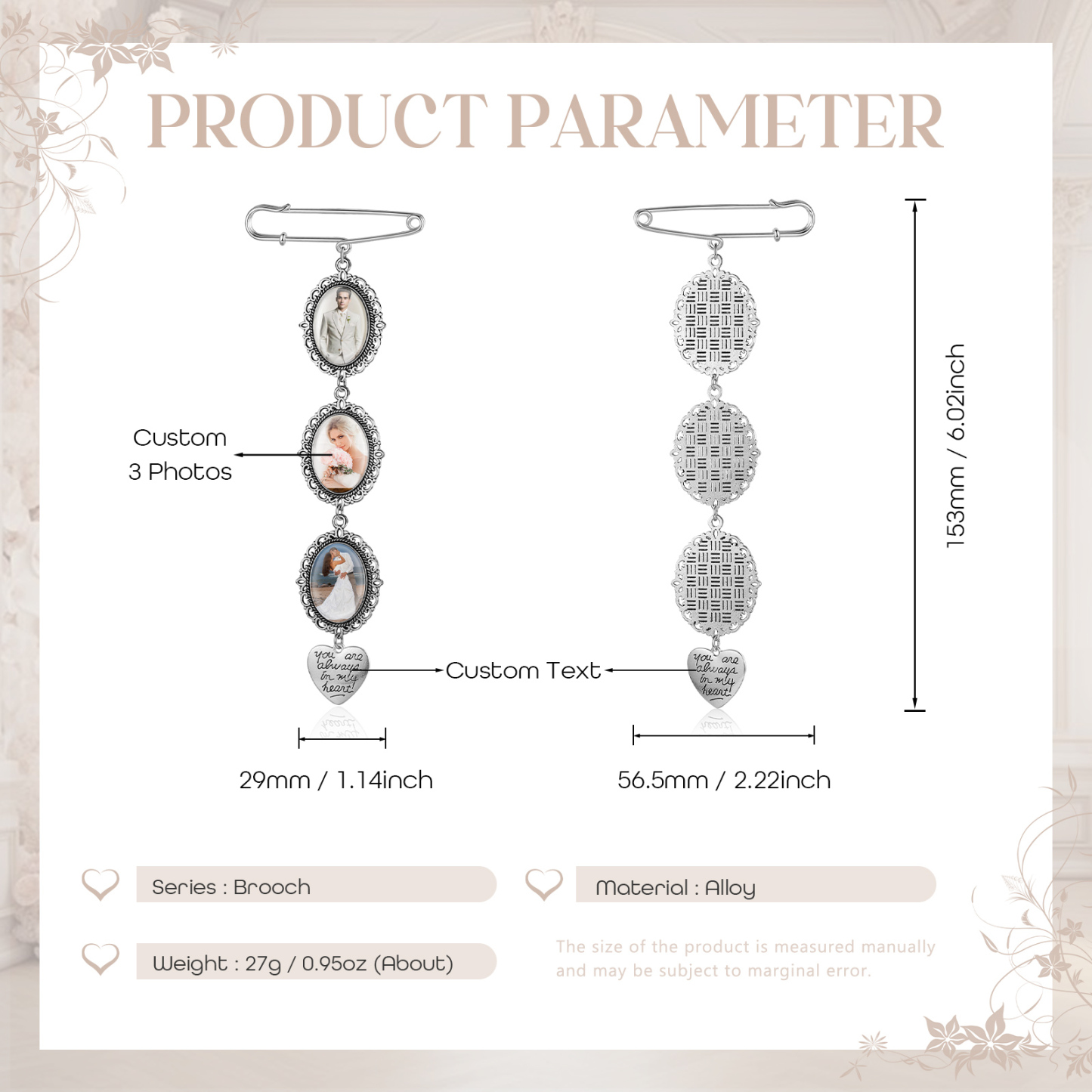 3 Photos & 1 Text Personalised Photo Brooch with Heart Shape Charm – Perfect Custom Gift for Loved Ones | Jessemade