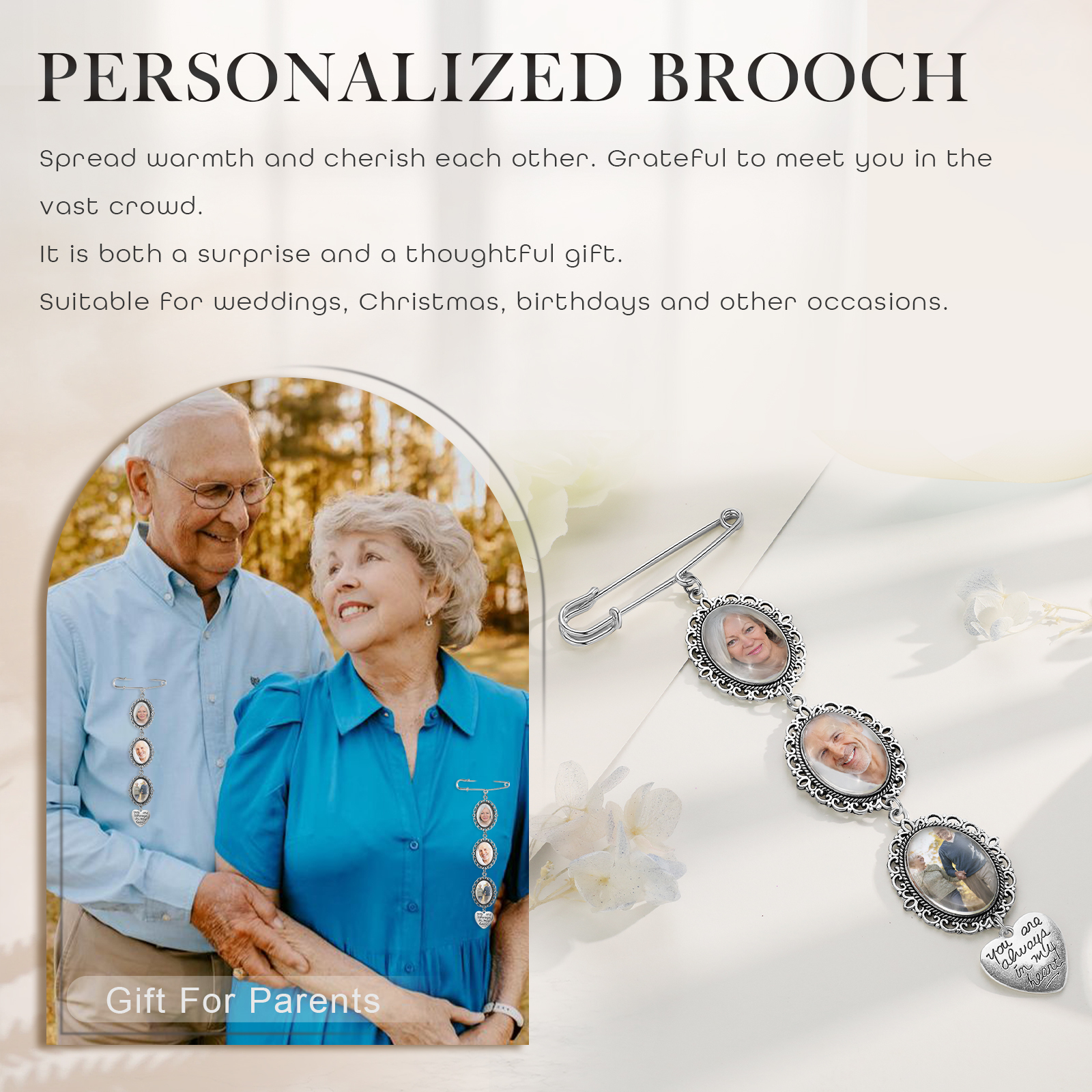 3 Photos & 1 Text Personalised Photo Brooch with Heart Shape Charm – Perfect Custom Gift for Loved Ones | Jessemade