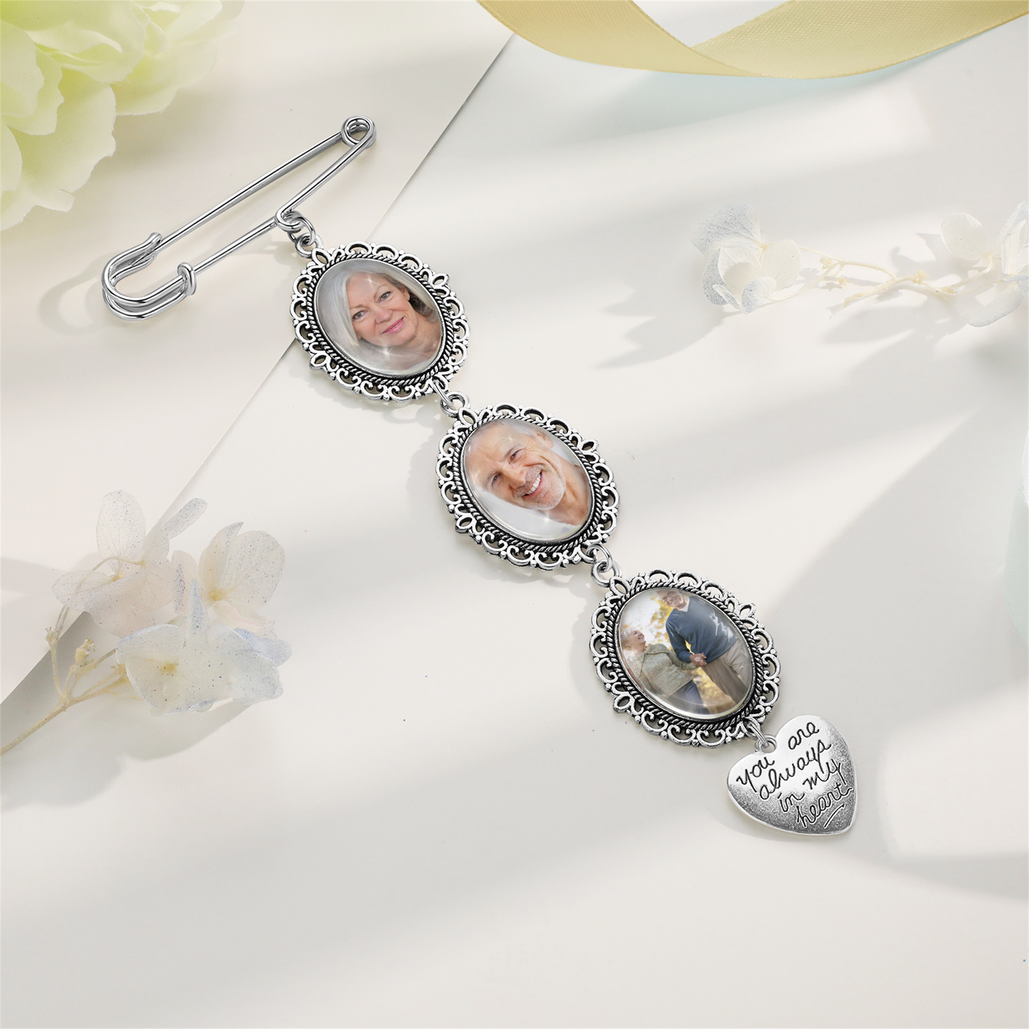 3 Photos & 1 Text Personalised Photo Brooch with Heart Shape Charm – Perfect Custom Gift for Loved Ones | Jessemade