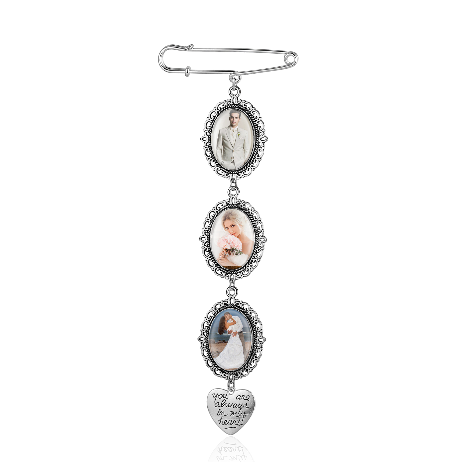 3 Photos & 1 Text Personalised Photo Brooch with Heart Shape Charm – Perfect Custom Gift for Loved Ones | Jessemade