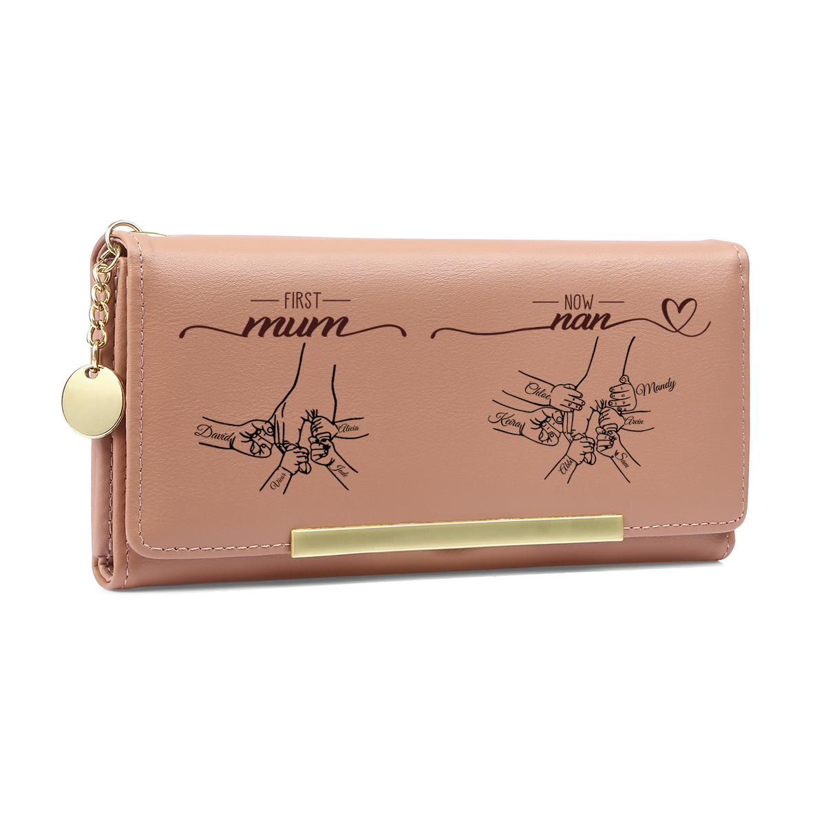 Personalised Holding hands Engraved Pink PU Wallet for Mum/Nan