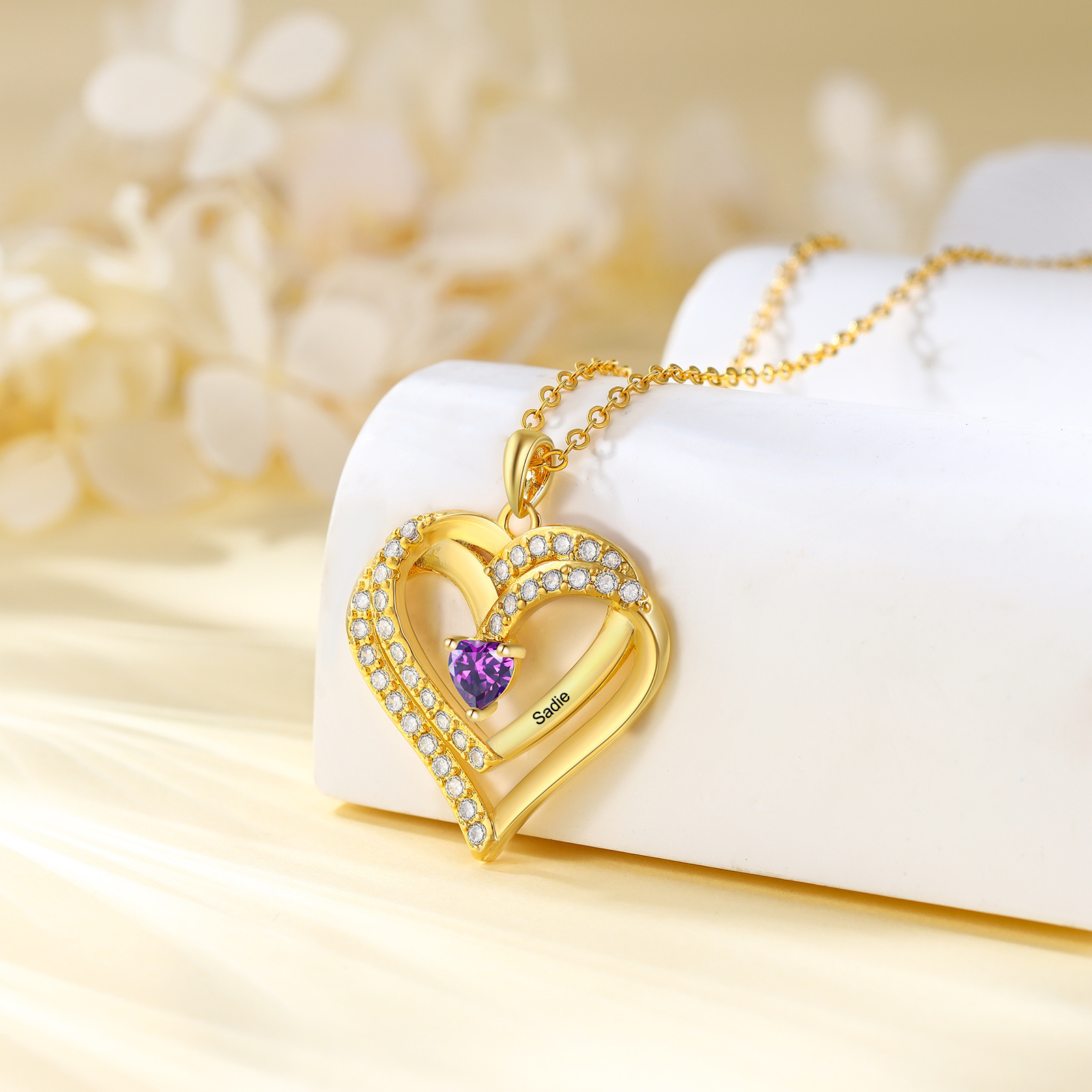 Personalised 925 Sterling Silver Heart Necklace with Names and Birthstones