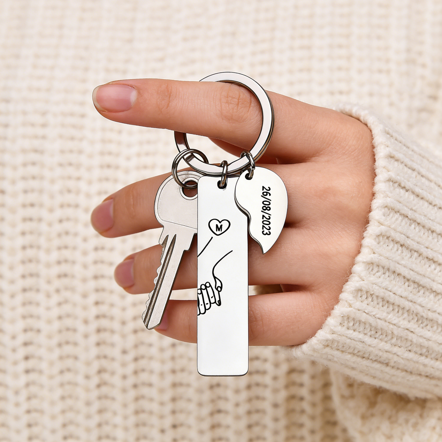 Personalised Hand in Hand Couple Keyring Set With Gift Box, Custom Keyring Engrave Name Matching Couple Gifts, Valentine's Day Gift for Him-Silver Color