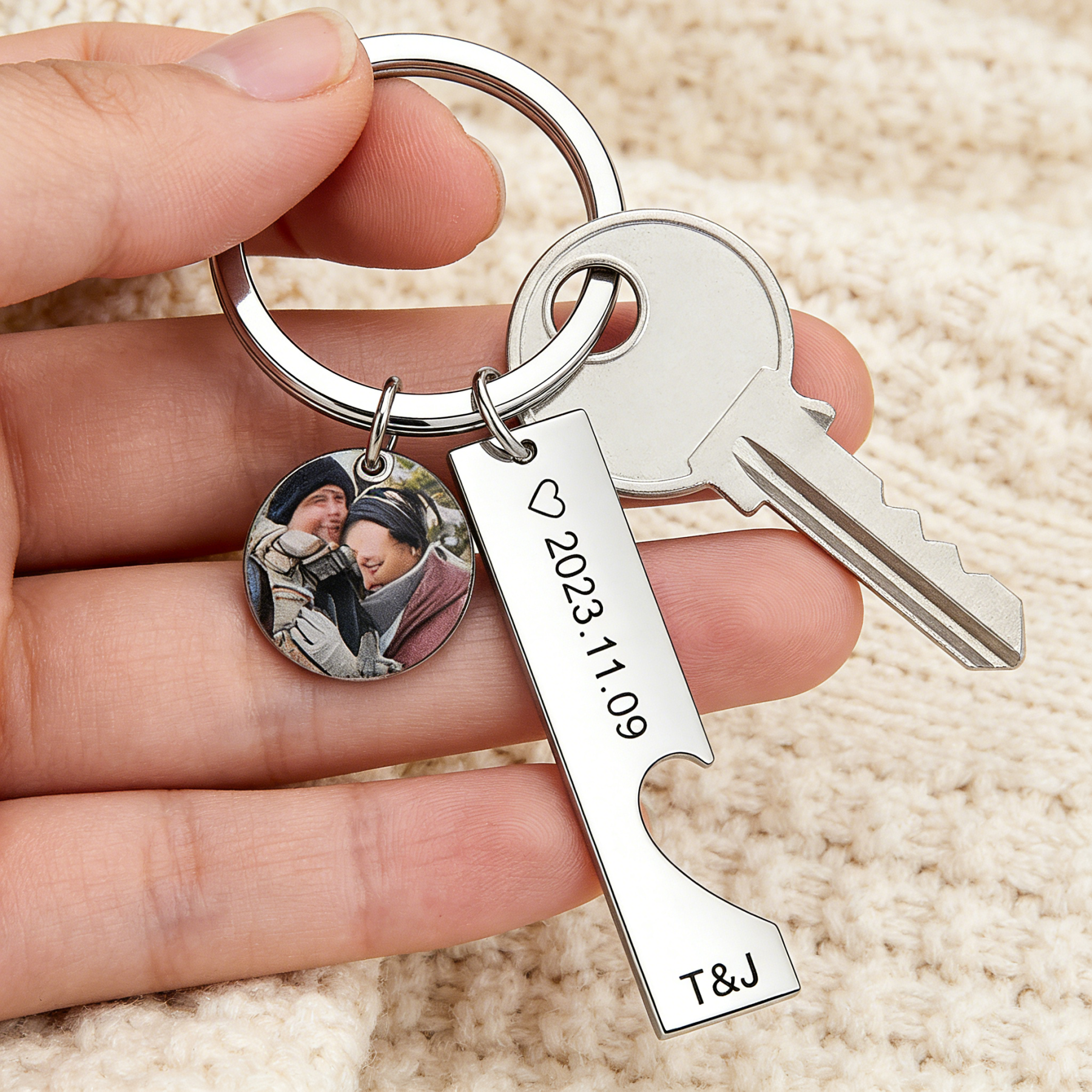 2-Names Personalised Photo Couple Keyring Engrave Letters And Date Matching Couple Gifts, Special Gift For Him/Her
