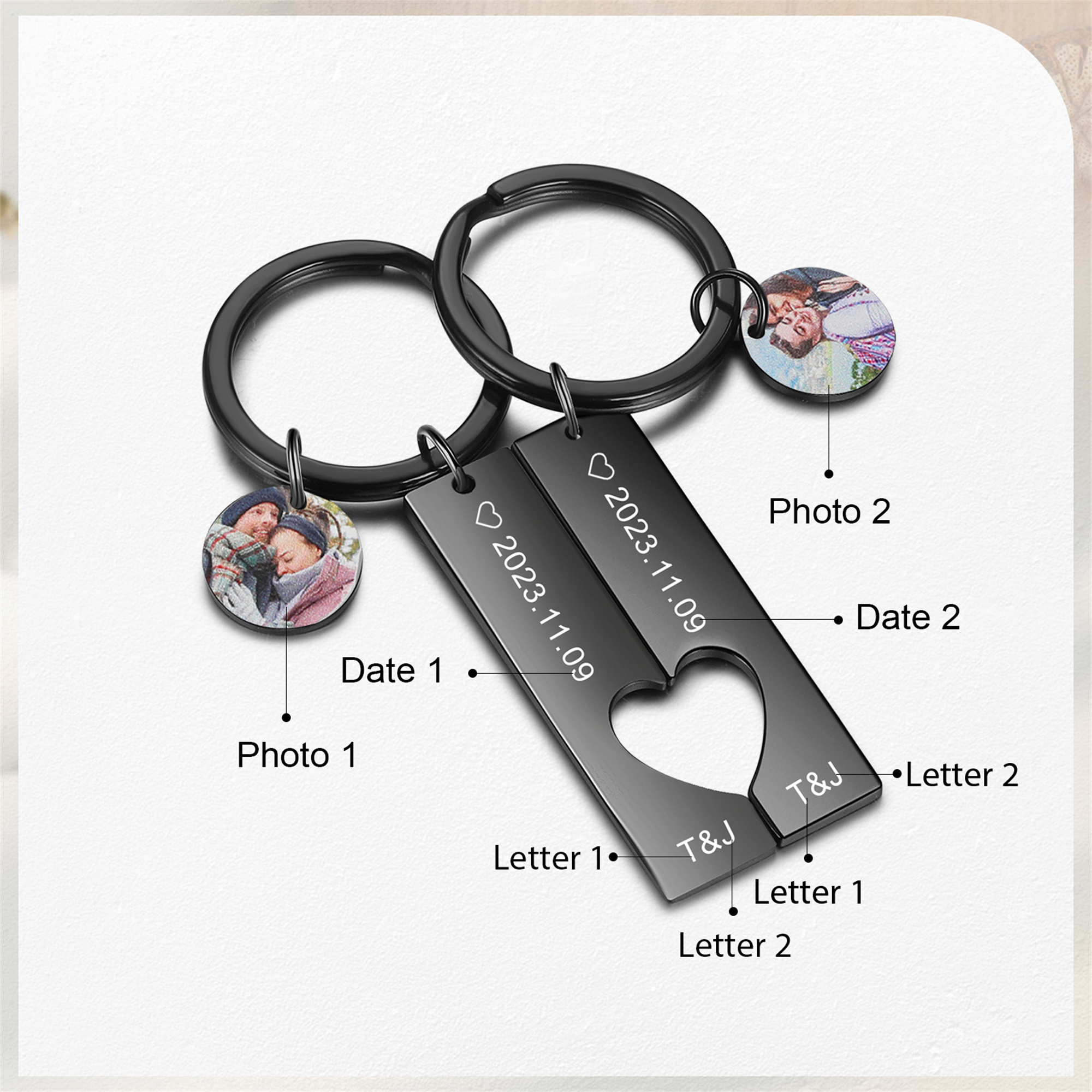 Personalised Photo Couple Keyring Engrave Letters And Date Matching Couple Gifts, Special Gift For Him/Her