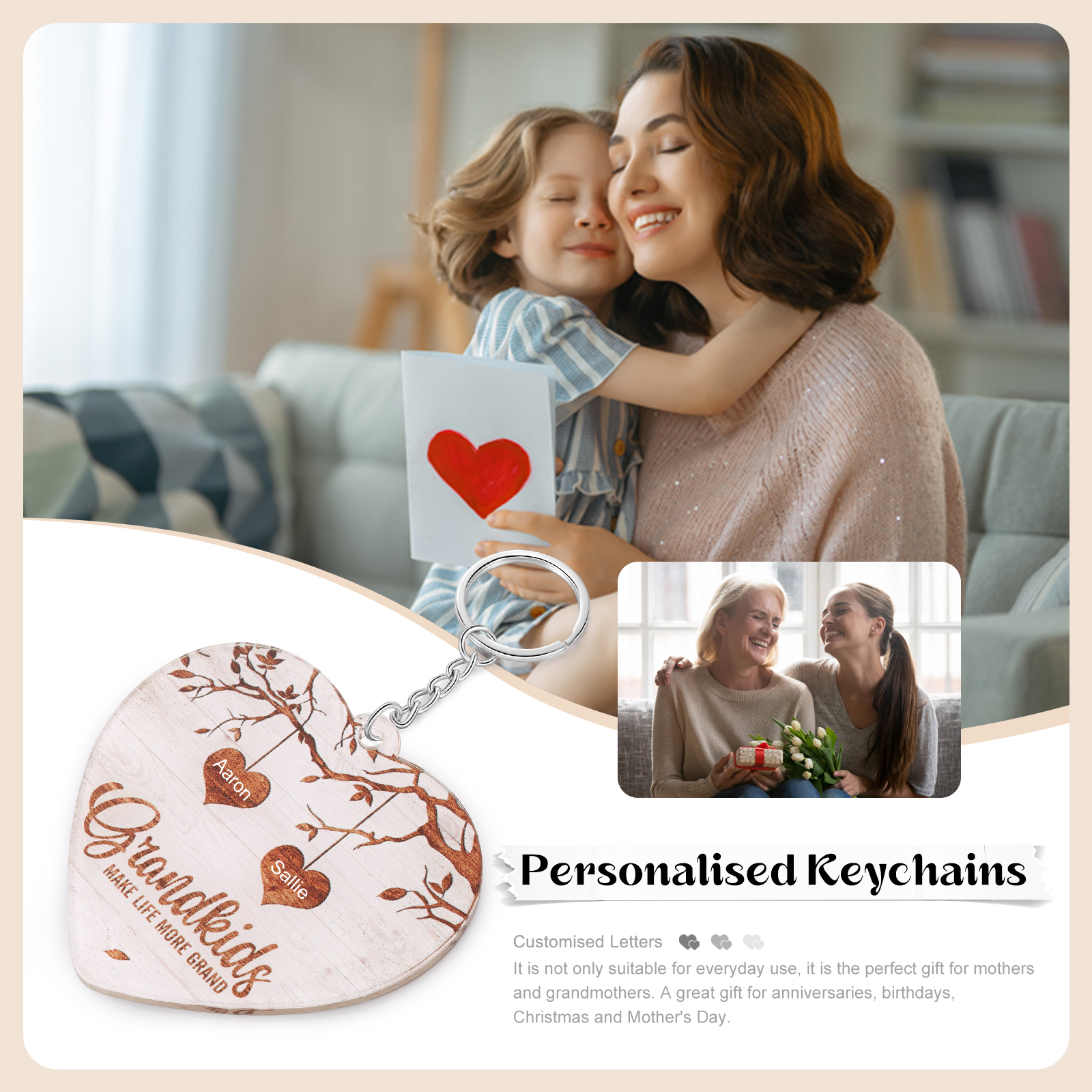 2 Names-Personalised Keychain Custom 2 Names and 1 Text Holding Hands Keychain for Nan
