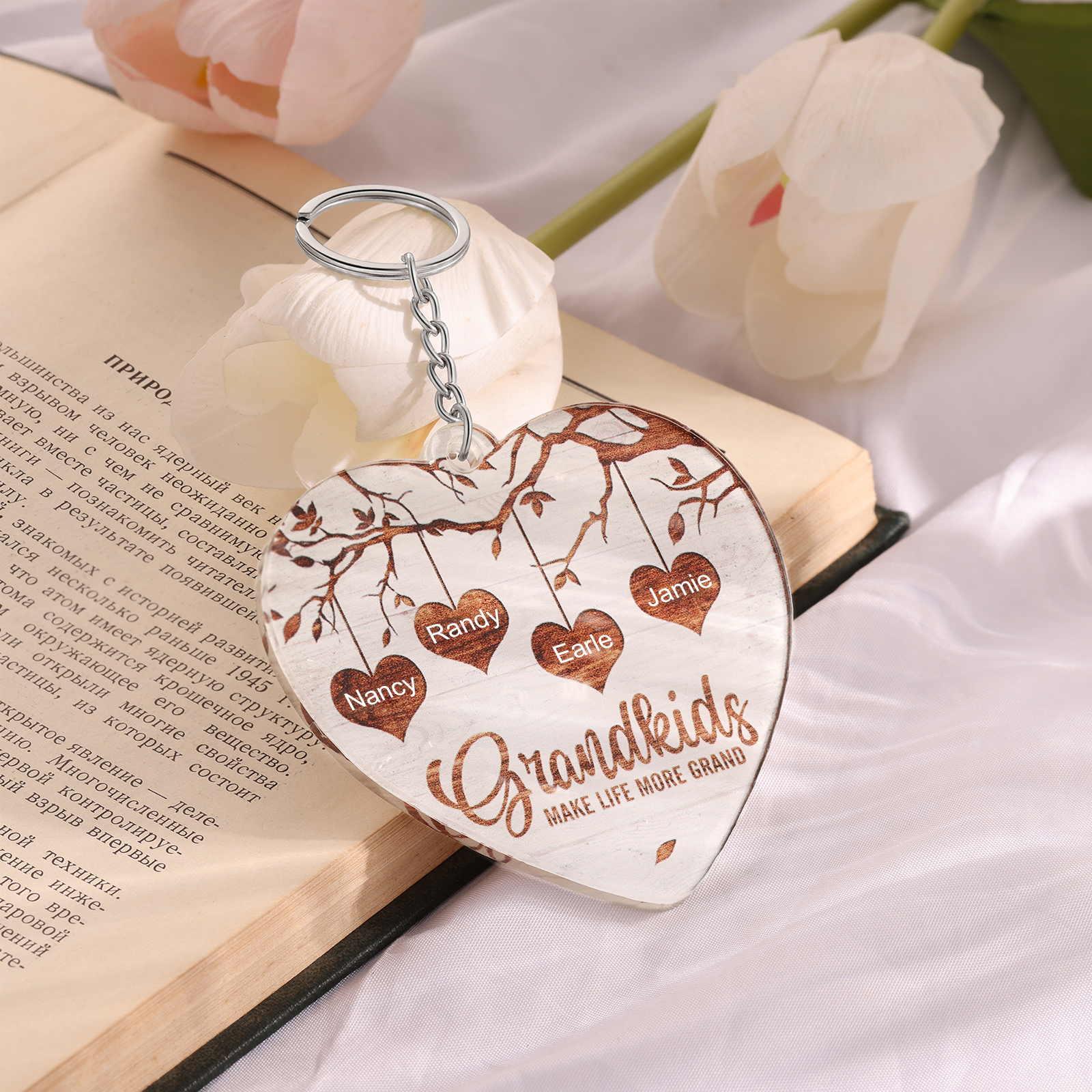 4 Names - Personalized Keychain Custom 4 Names Family Tree Keychain for Nan