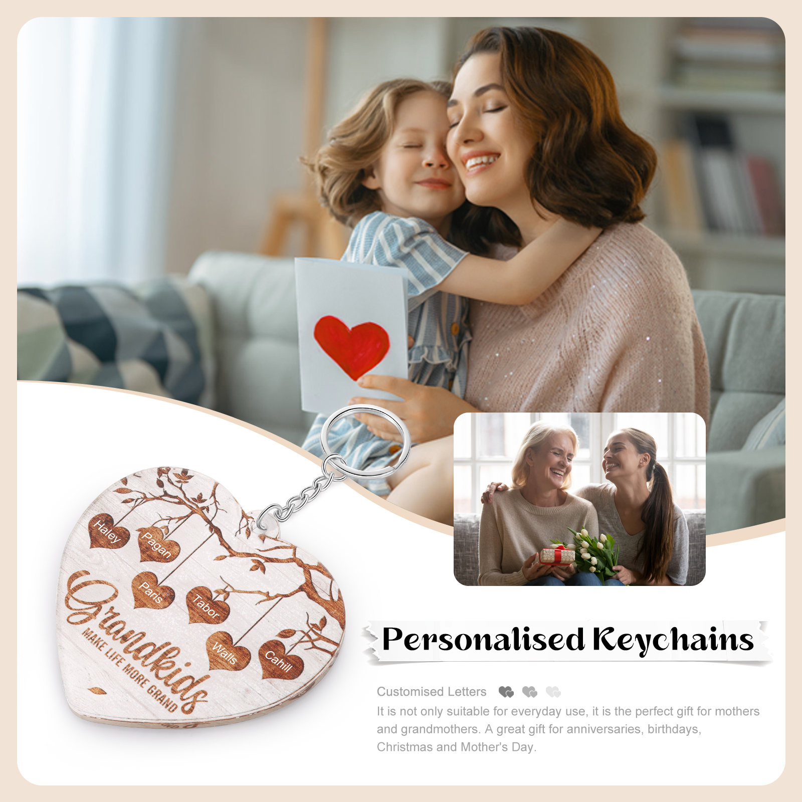 6 Names - Personalized Keychain Custom 6 Names Family Tree Keychain for Nan