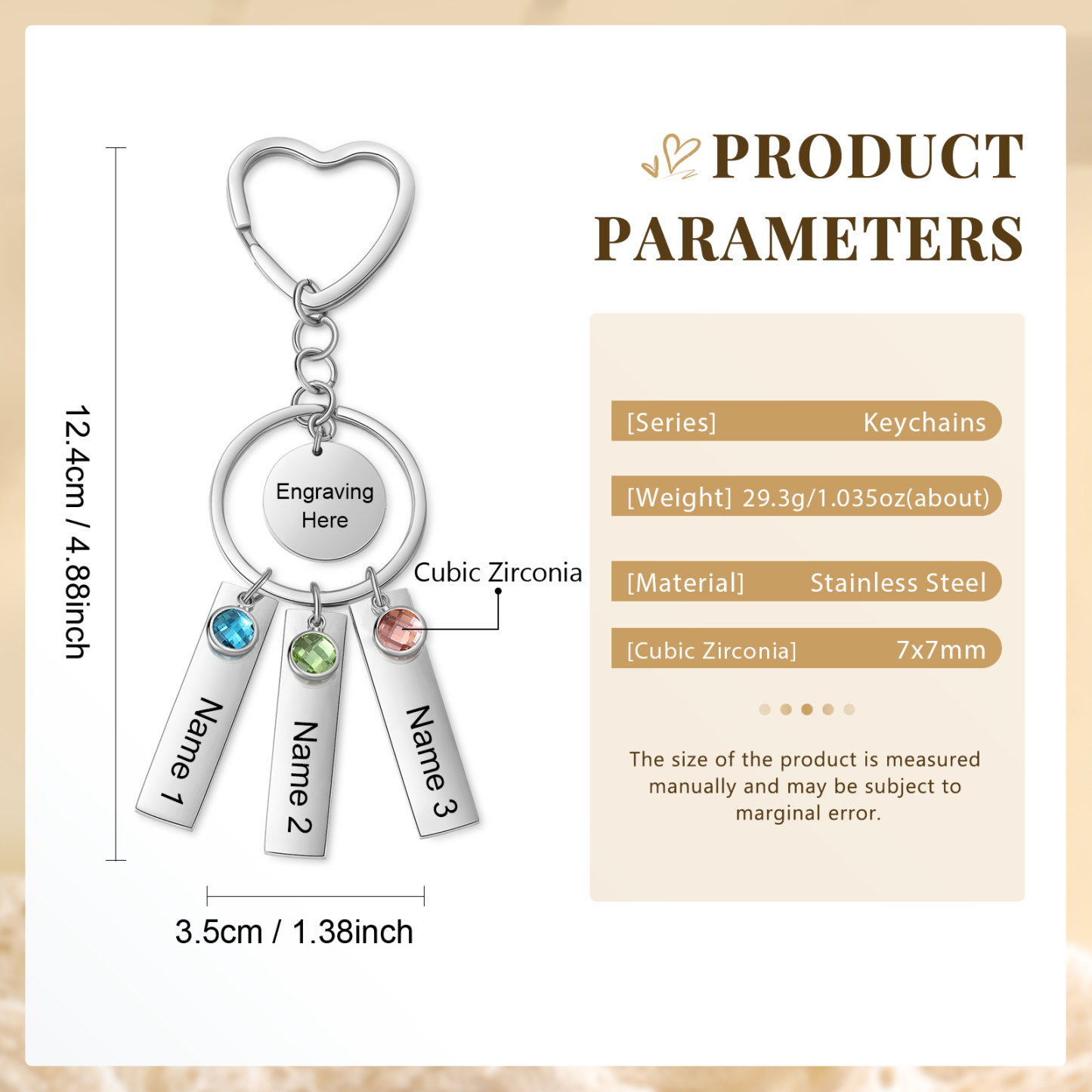 3 Names - Personalized Birthstone Love Pendant Design Keychain Hook Engraving Special Gift for Mum